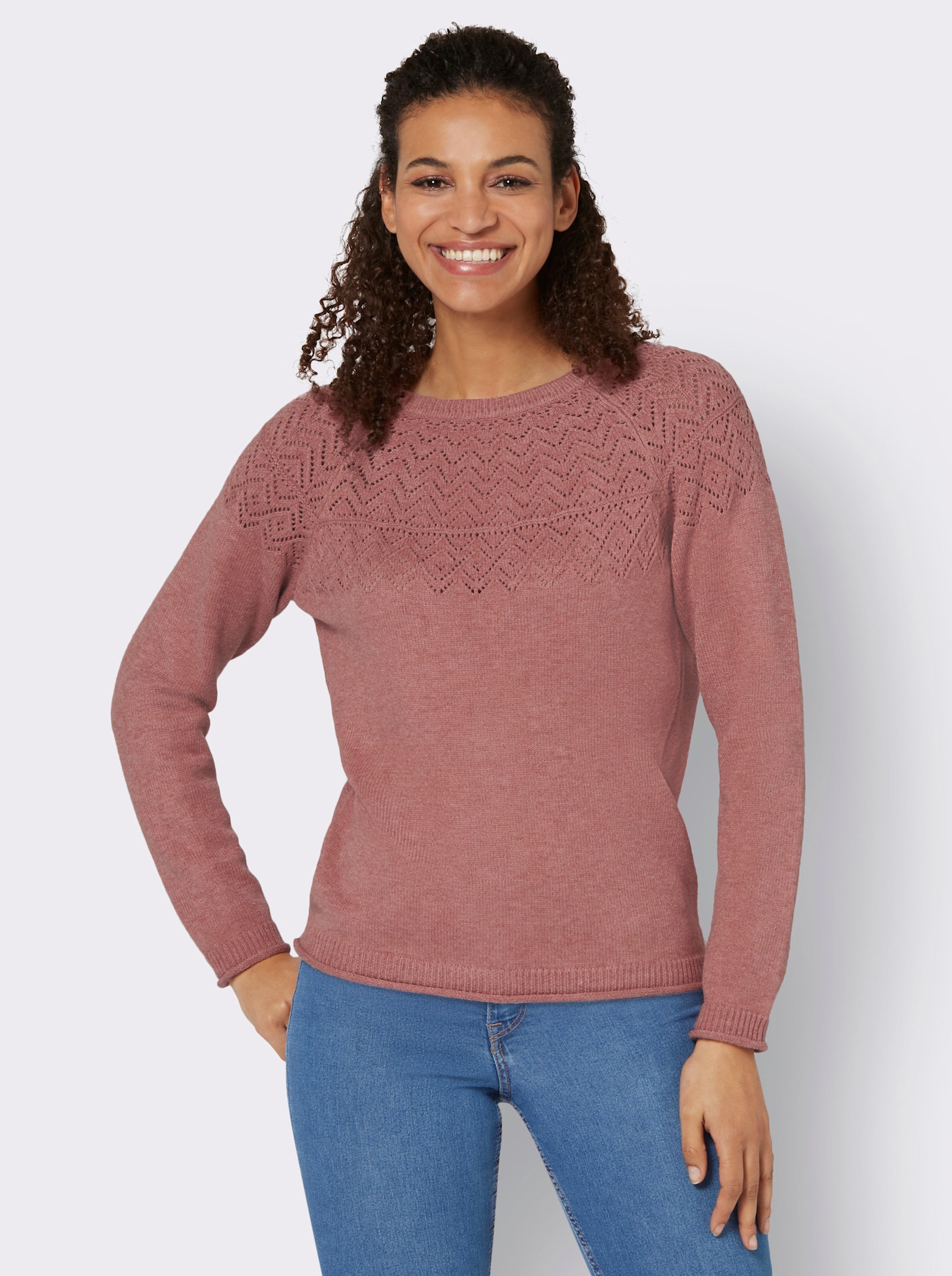 Ajourpullover mit Raglan-Ärmeln - rosenholz-meliert