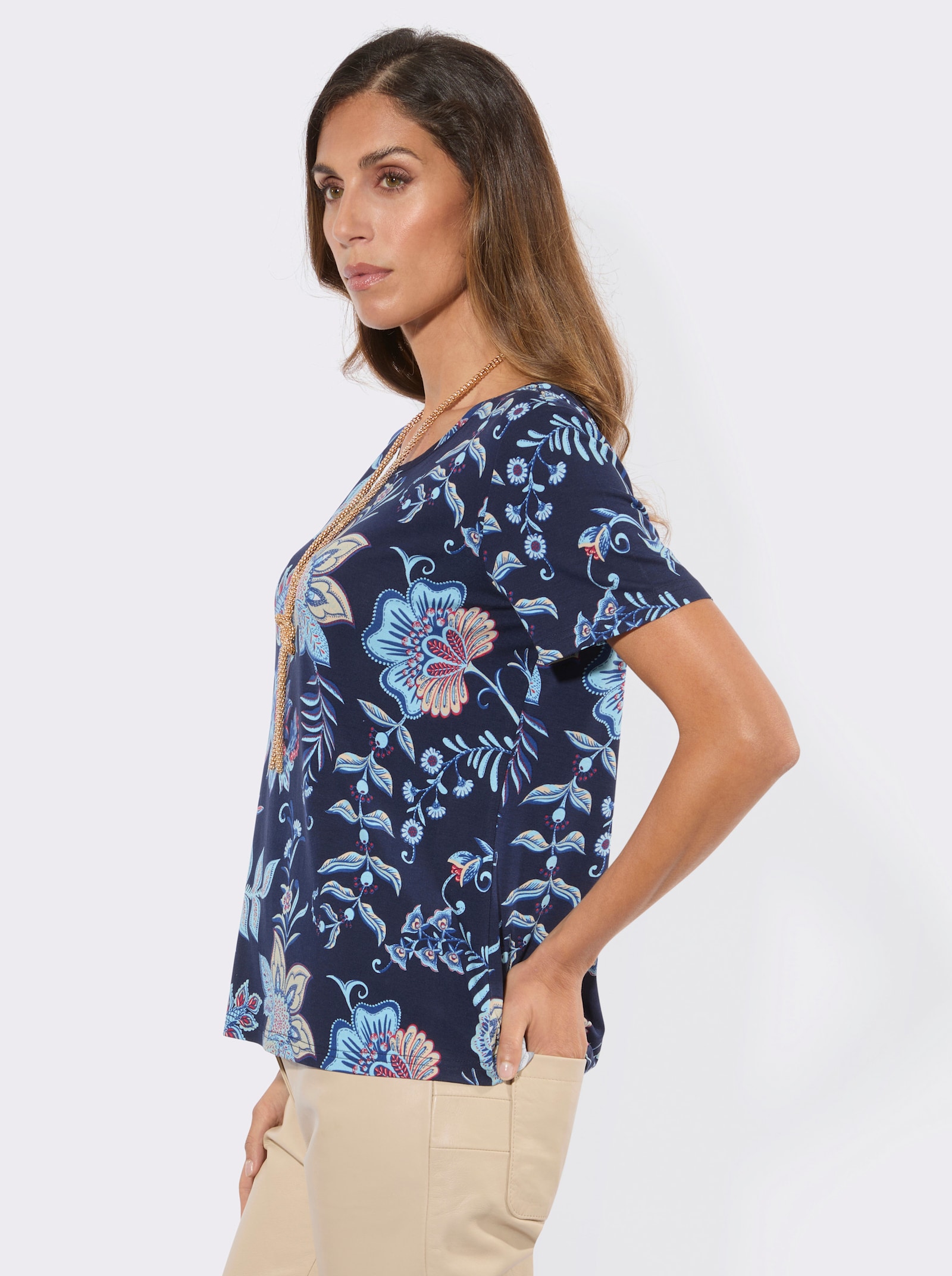 Print-Shirt im Blumenmuster - marine-aqua-bedruckt