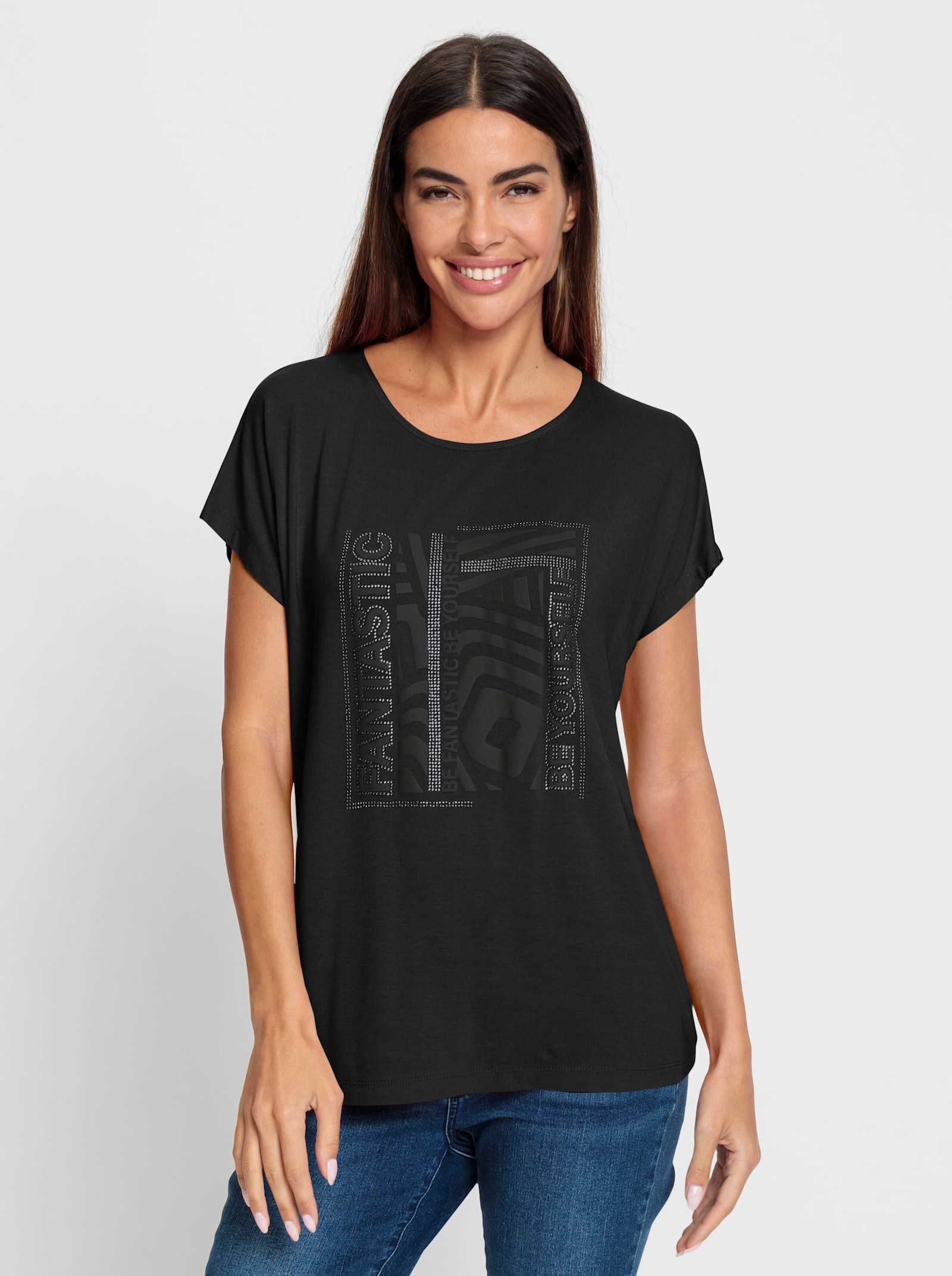 heine Rundhalsshirt mit Glitzersteinchen - schwarz