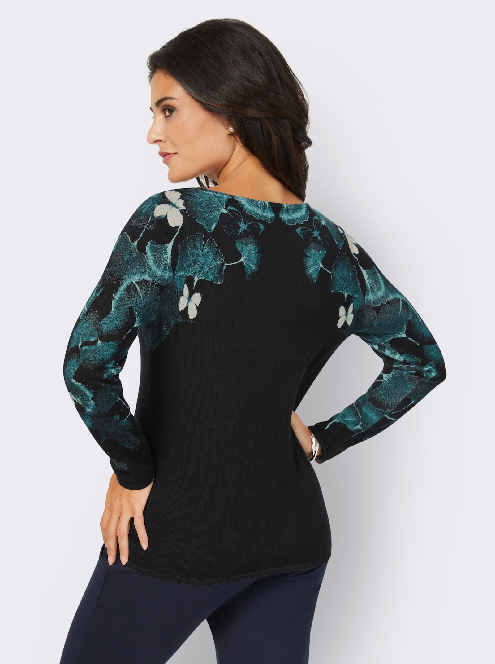 Feinstrickpullover mit platziertem Druck - schwarz-petrol-bedruckt