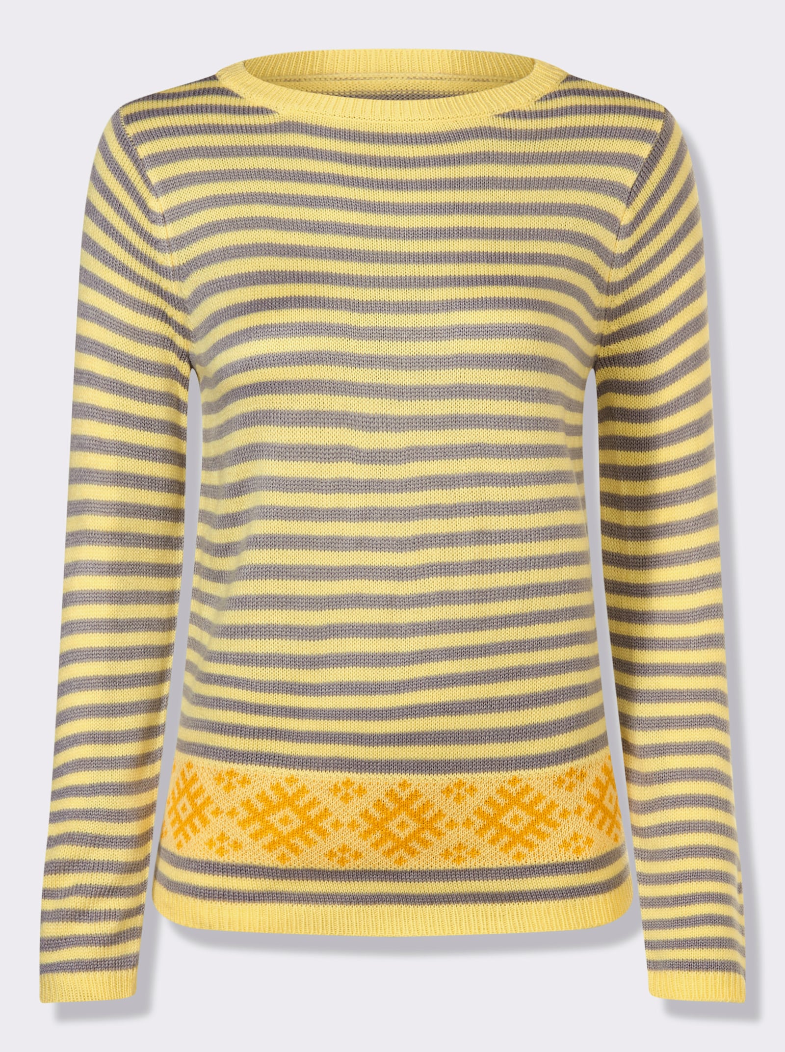 Svetr s dlouhým rukávem a kombinací proužků s norským vzorem - citronová-okrová-vzor