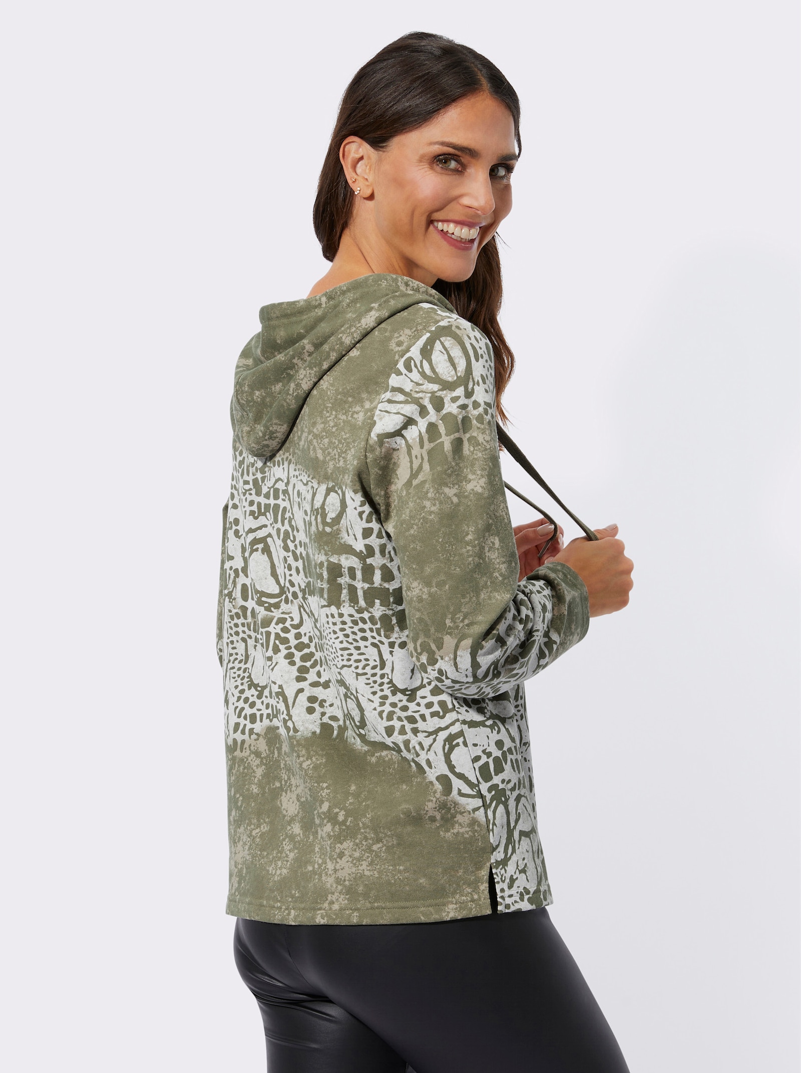  Sweatshirt mit Print und Glitzersteinchen - khaki-ecru-bedruckt