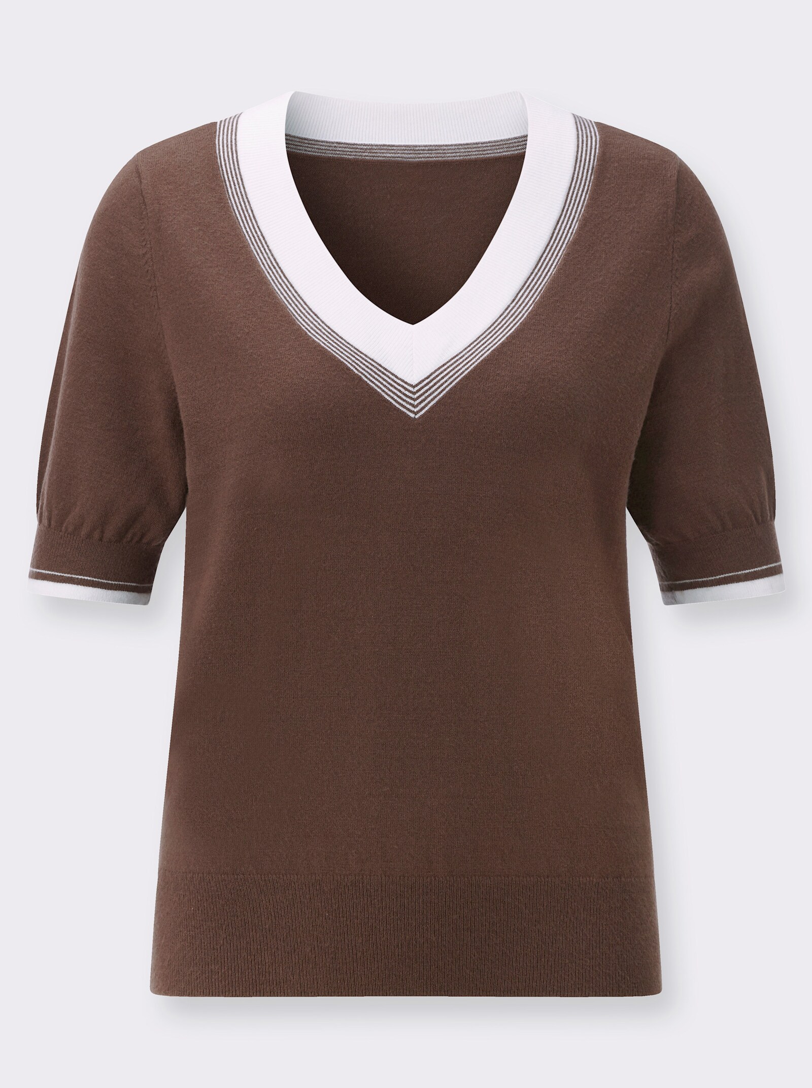 V-Ausschnitt-Pullover in Feinstrick-Qualität - schoko-ecru