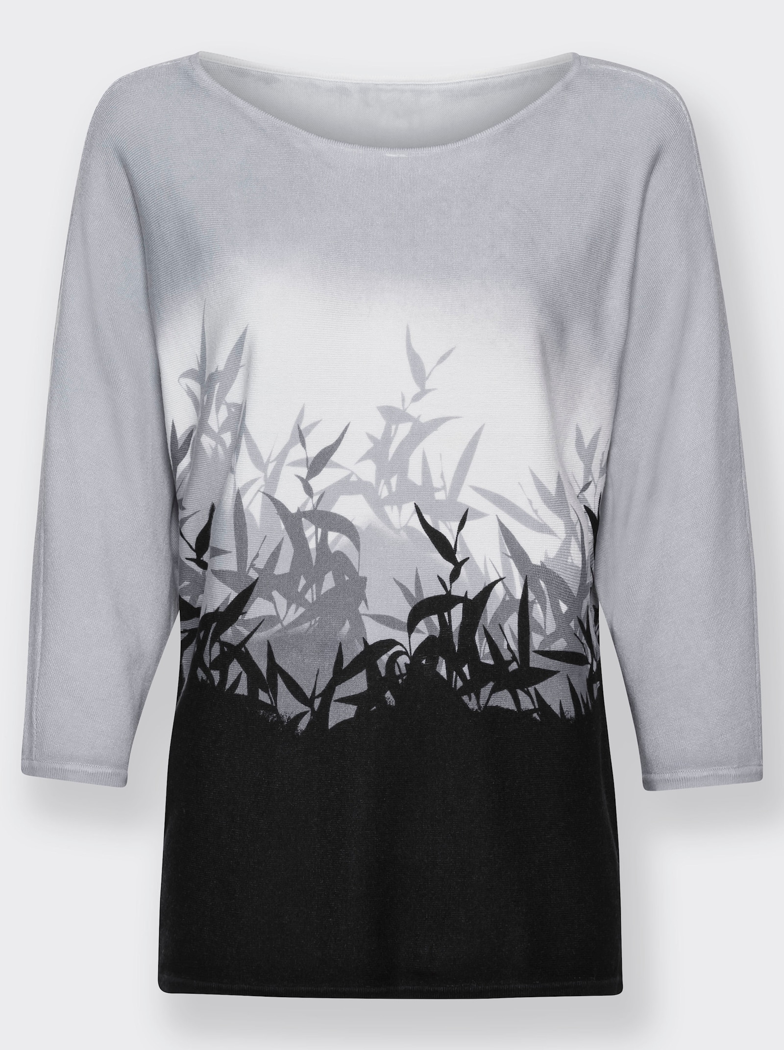 3/4 Arm-Pullover mit Fledermausärmel - schwarz-hellgrau-bedruckt