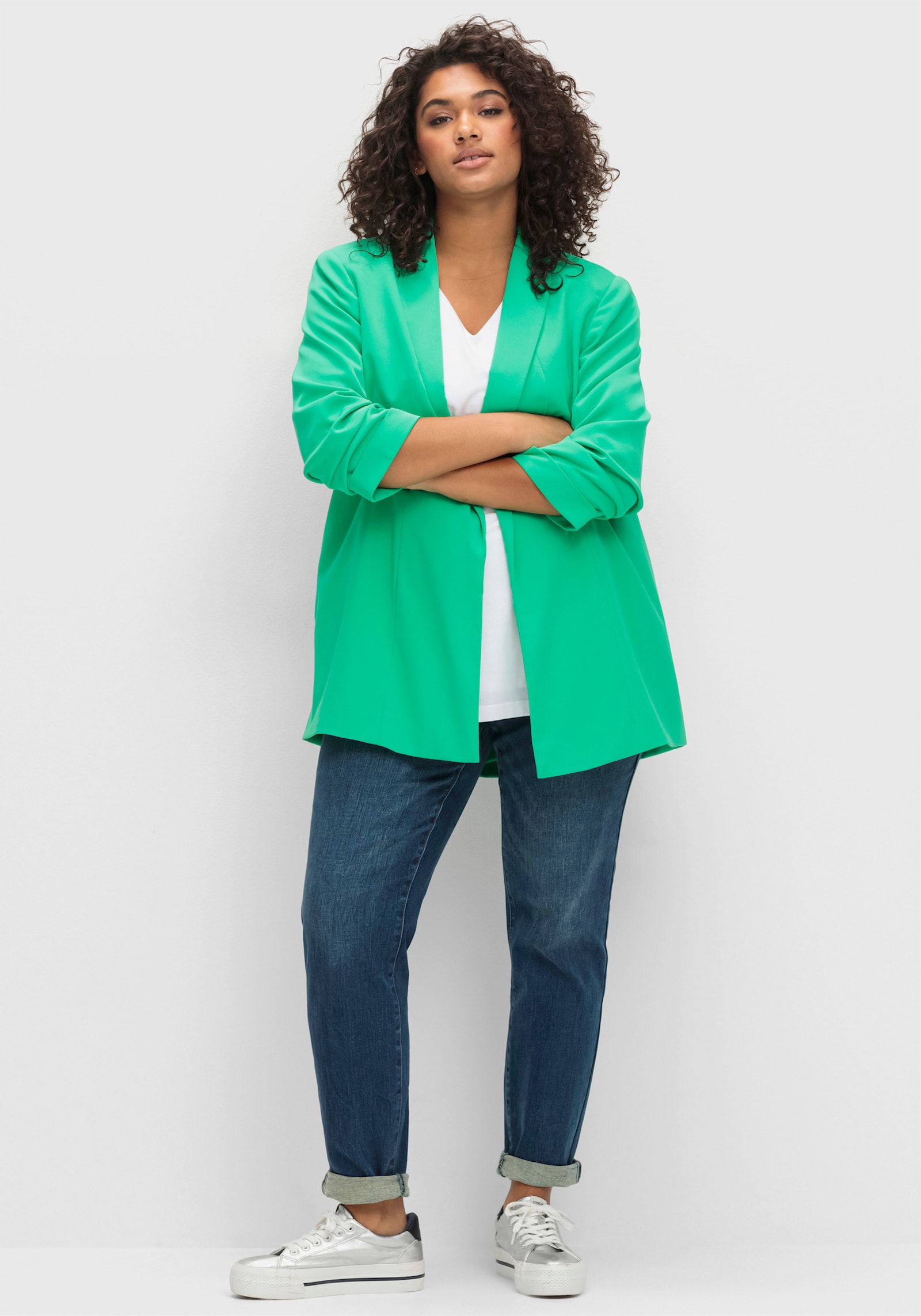 sheego Lange blazer met sjaalkraag - bladgroen
