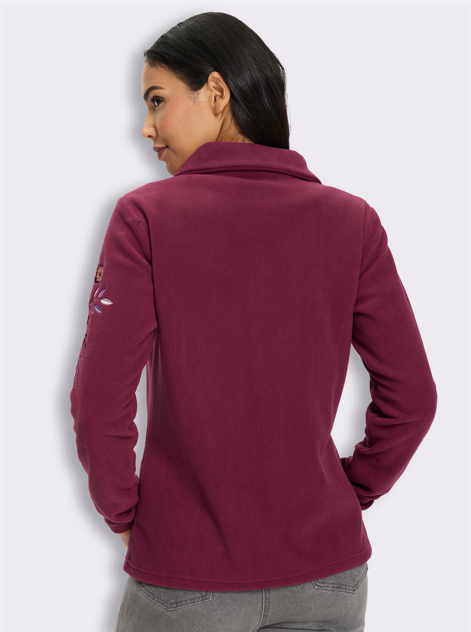 Fleecejacke mit Blütenstickerei - bordeaux