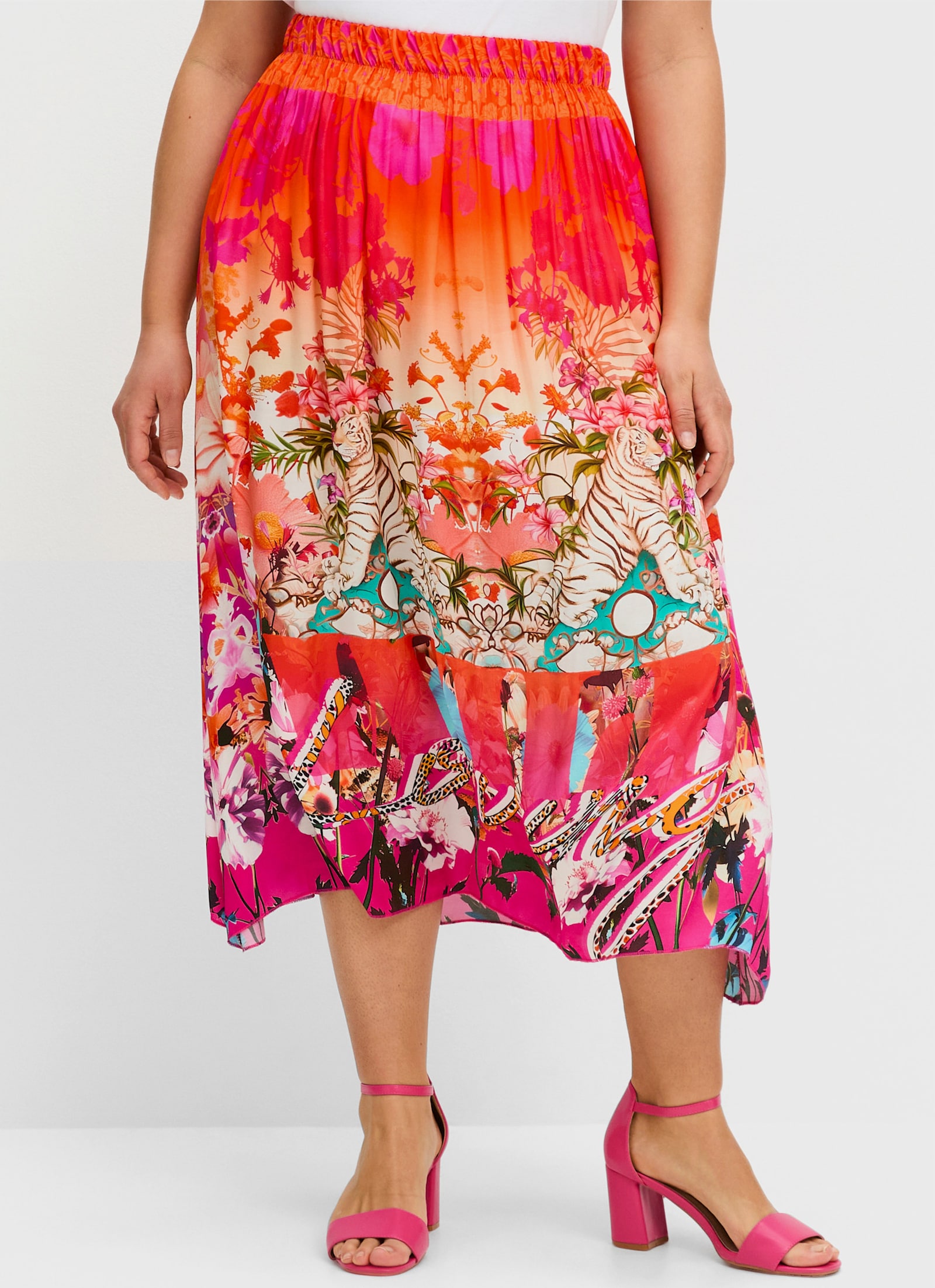 sheego loves miss goodlife Satinrock mit Multicolorprint und Gummizugbund - rotorange-gemustert