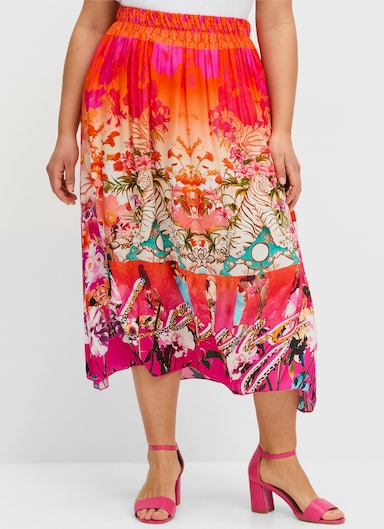 sheego loves miss goodlife Satinrock mit Multicolorprint und Gummizugbund - rotorange-gemustert