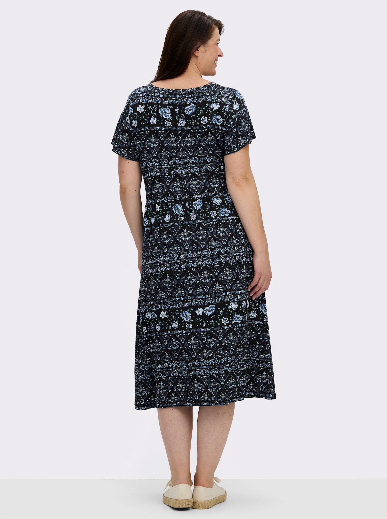 Jerseykleid mit Gummizug auf Taillenhöhe - jeansblau-schwarz-bedruckt