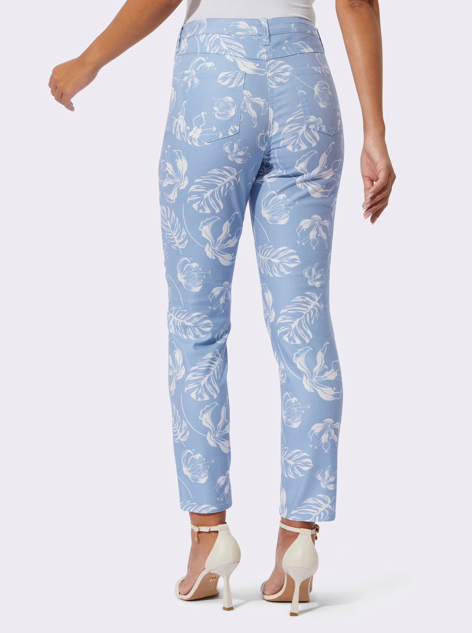 Jean 5 poches avec imprimé feuilles - bleu glacier-couleur ivoire imprimé