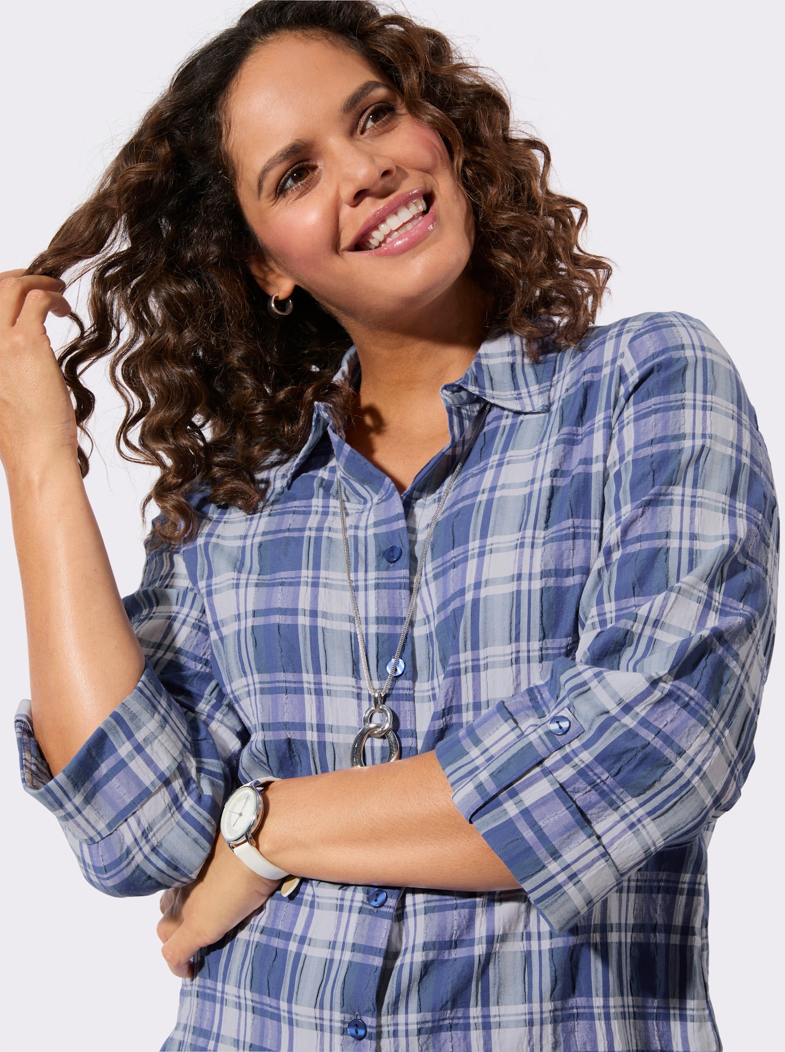 Geruite blouse van seersucker - koningsblauw/wit geruit