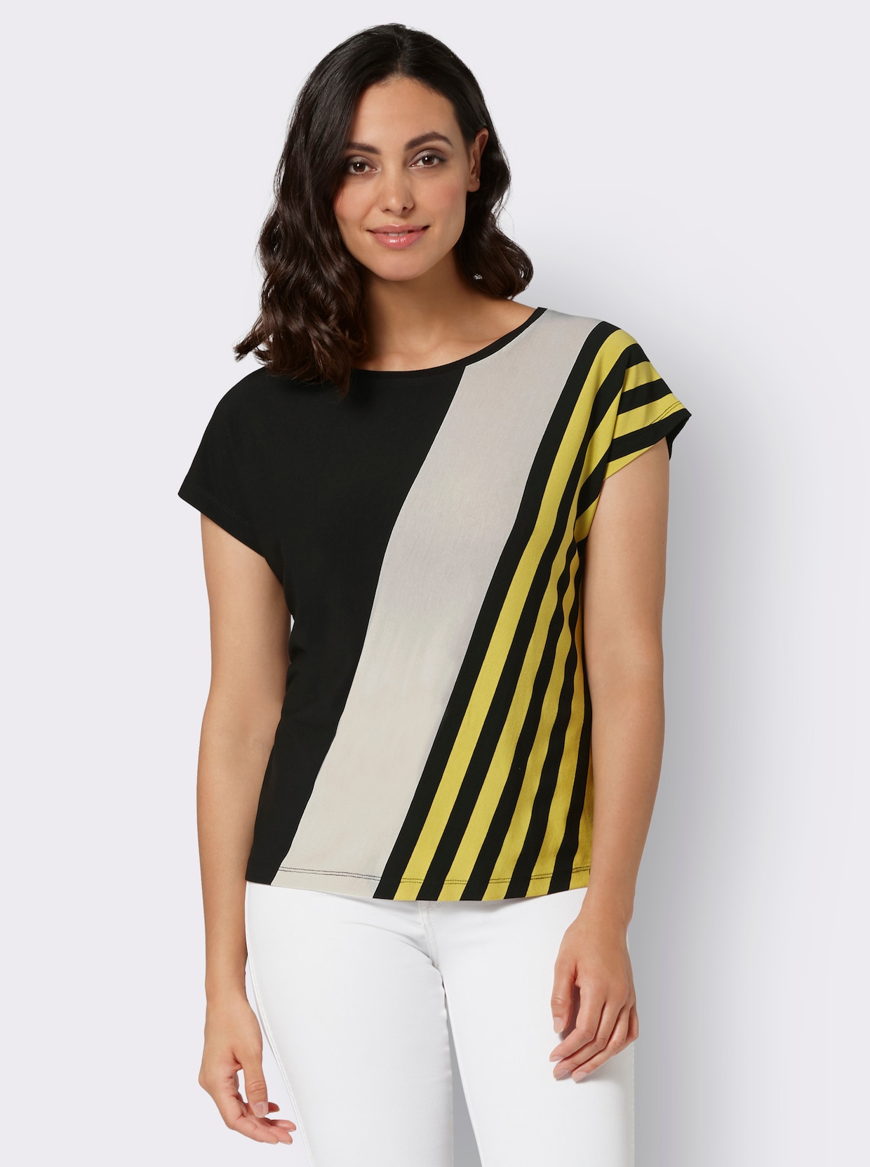 Shirt met ronde hals - zwart/limoen gedessineerd
