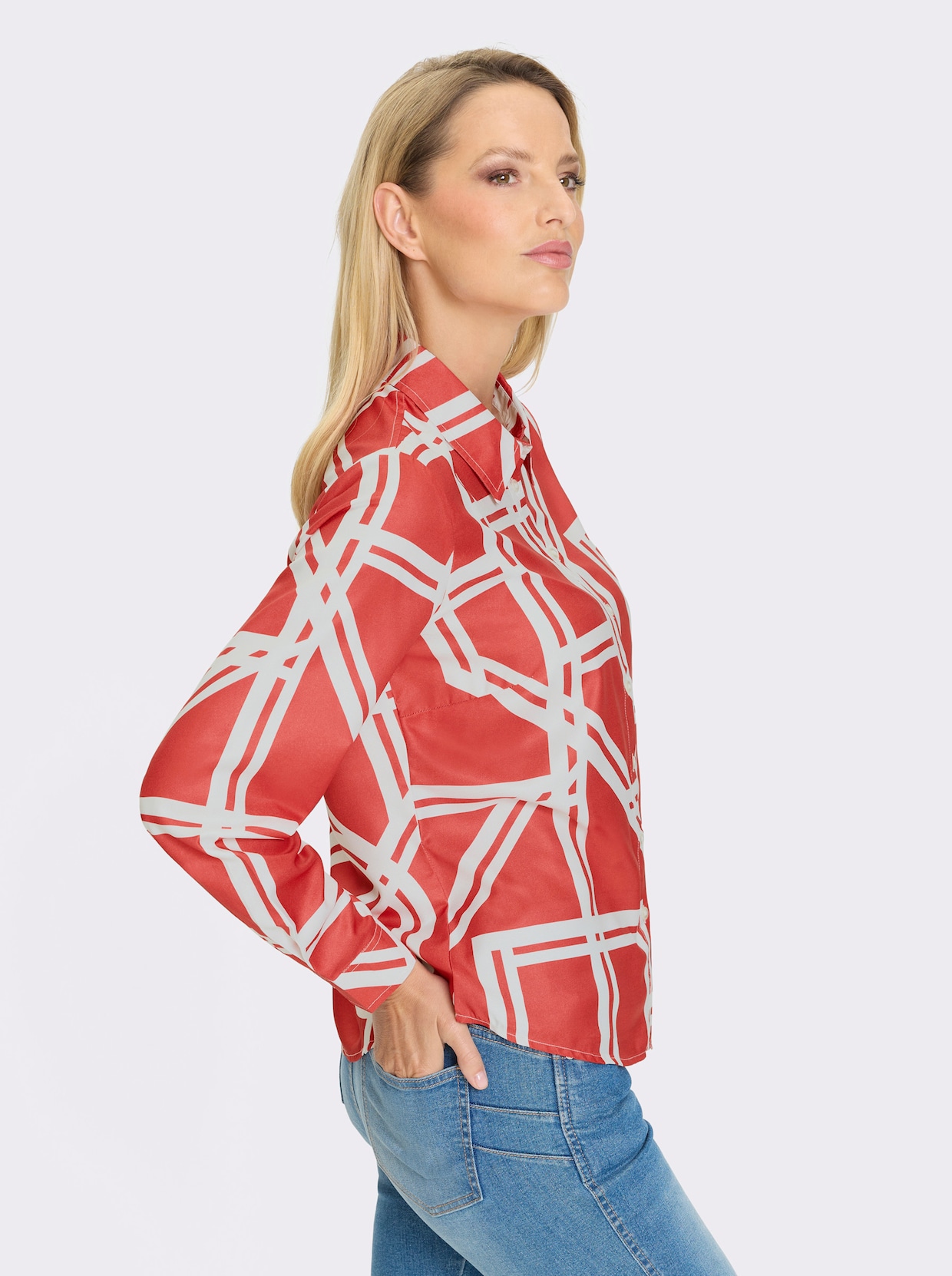 heine Druckbluse - rot-ecru-bedruckt