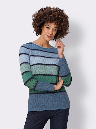 Langarm-Pullover aus Baumwolle, gestreift - mittelblau-grün-geringelt