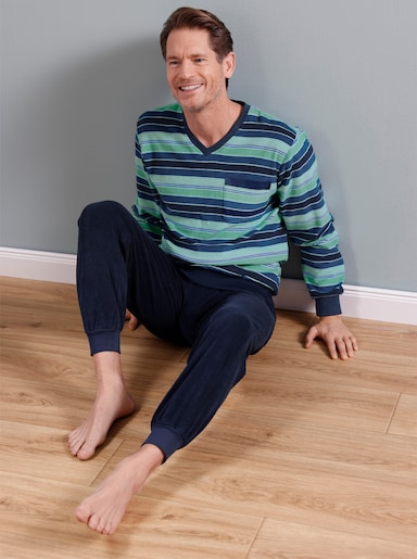 Comte Schlafanzug - marine-aquamarin-gestreift
