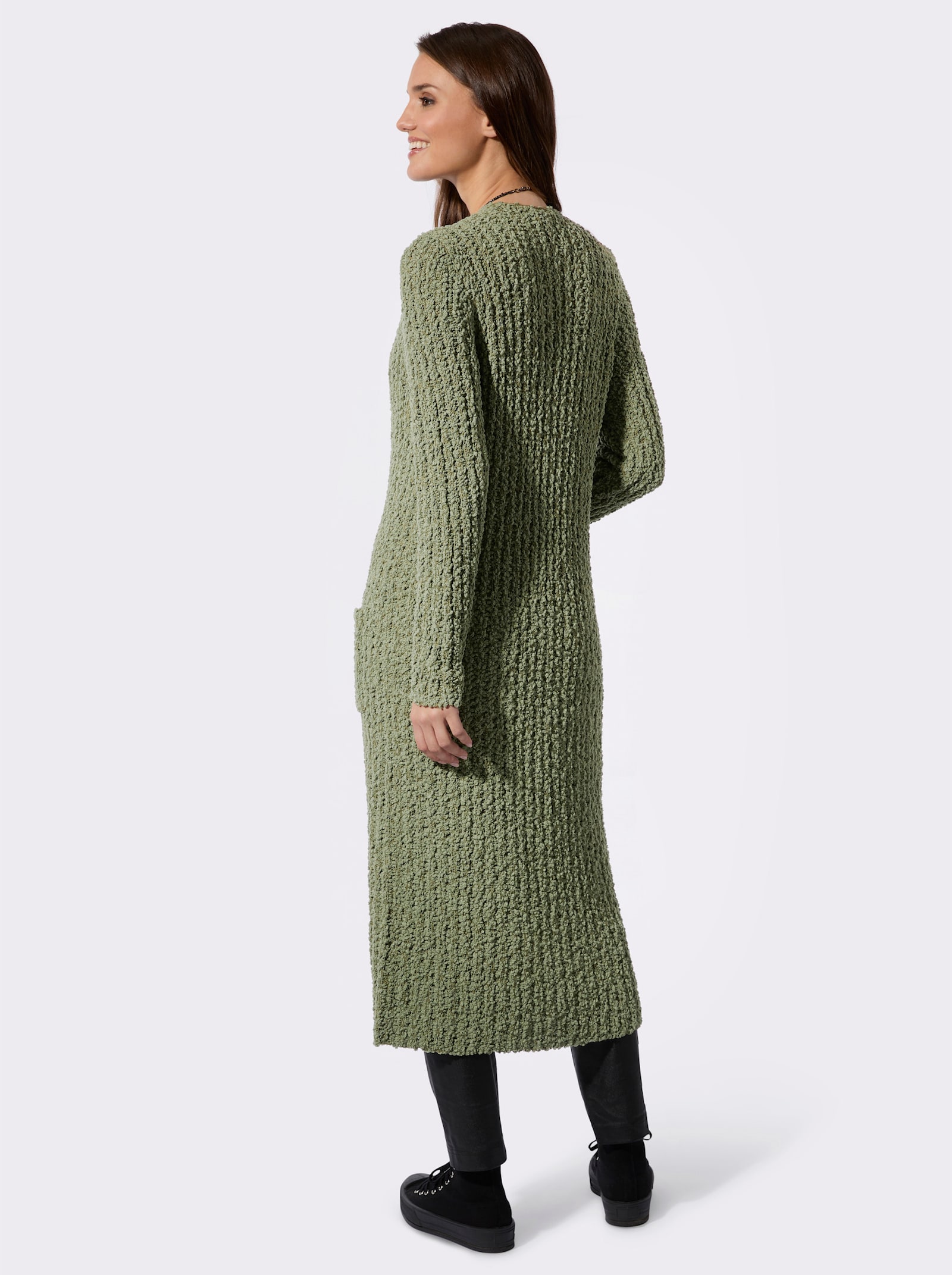 Longstrickjacke in offener Form - khaki