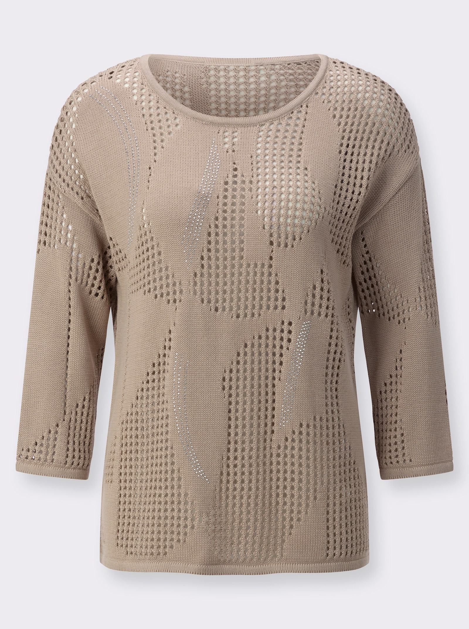 Ajourpullover met opstaande kraag en glanzende siersteentjes - beige