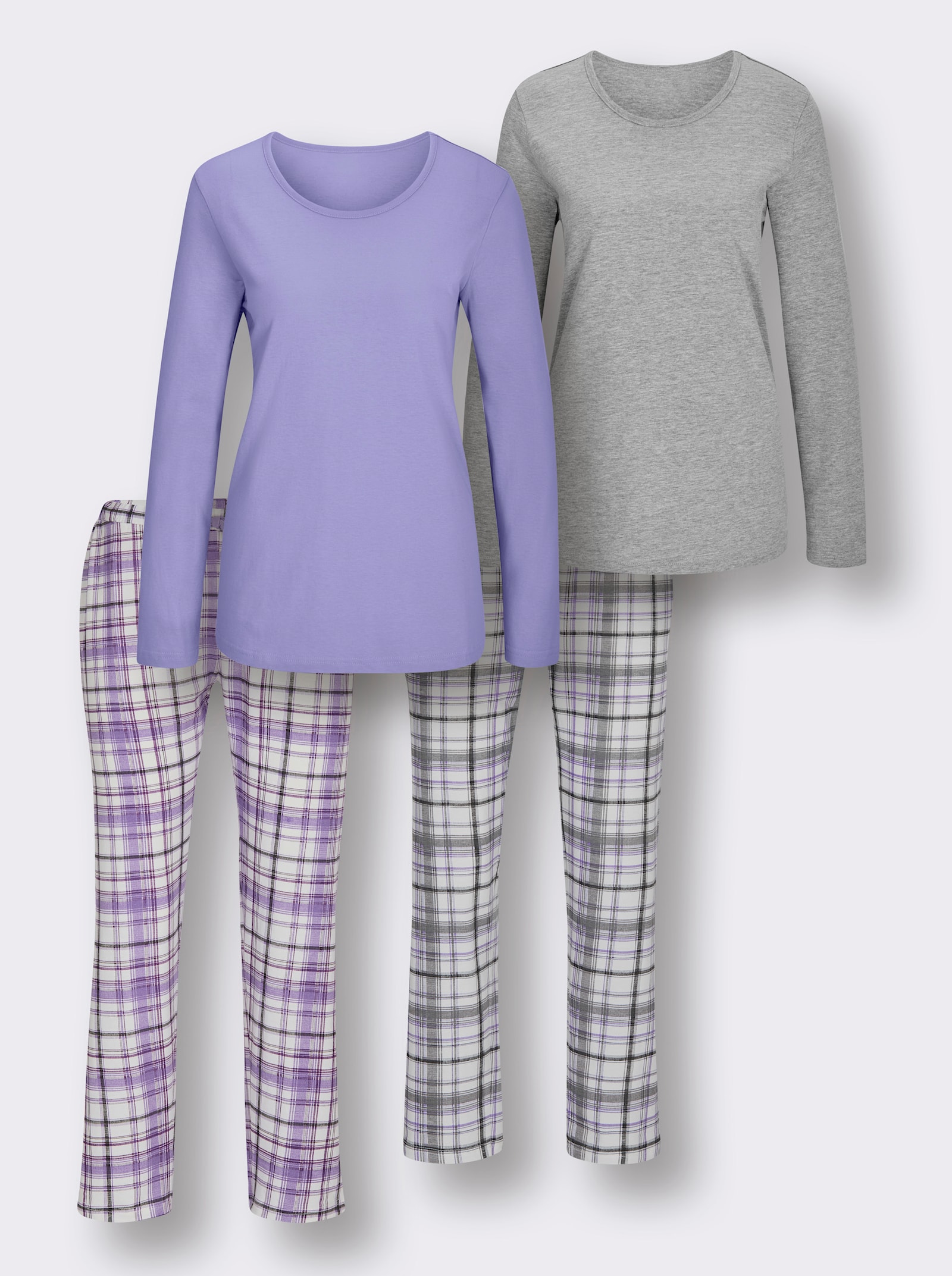 wäschepur Schlafanzüge mit karierten Hosen - grau-meliert-bedruckt + lavendel-bedruckt