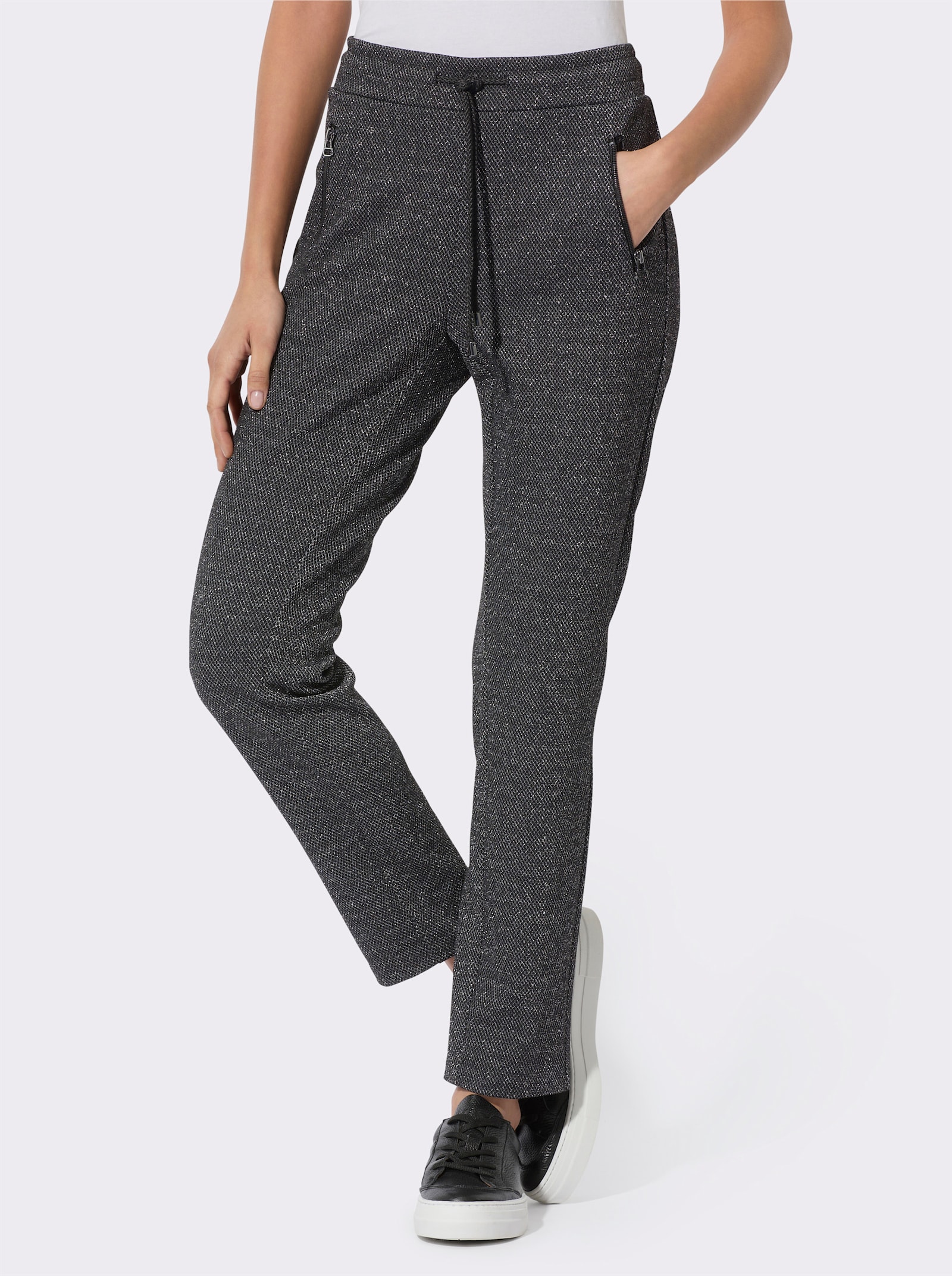 Jogg Pants mit Glanzgarnen - schwarz-silberfarben-gemustert