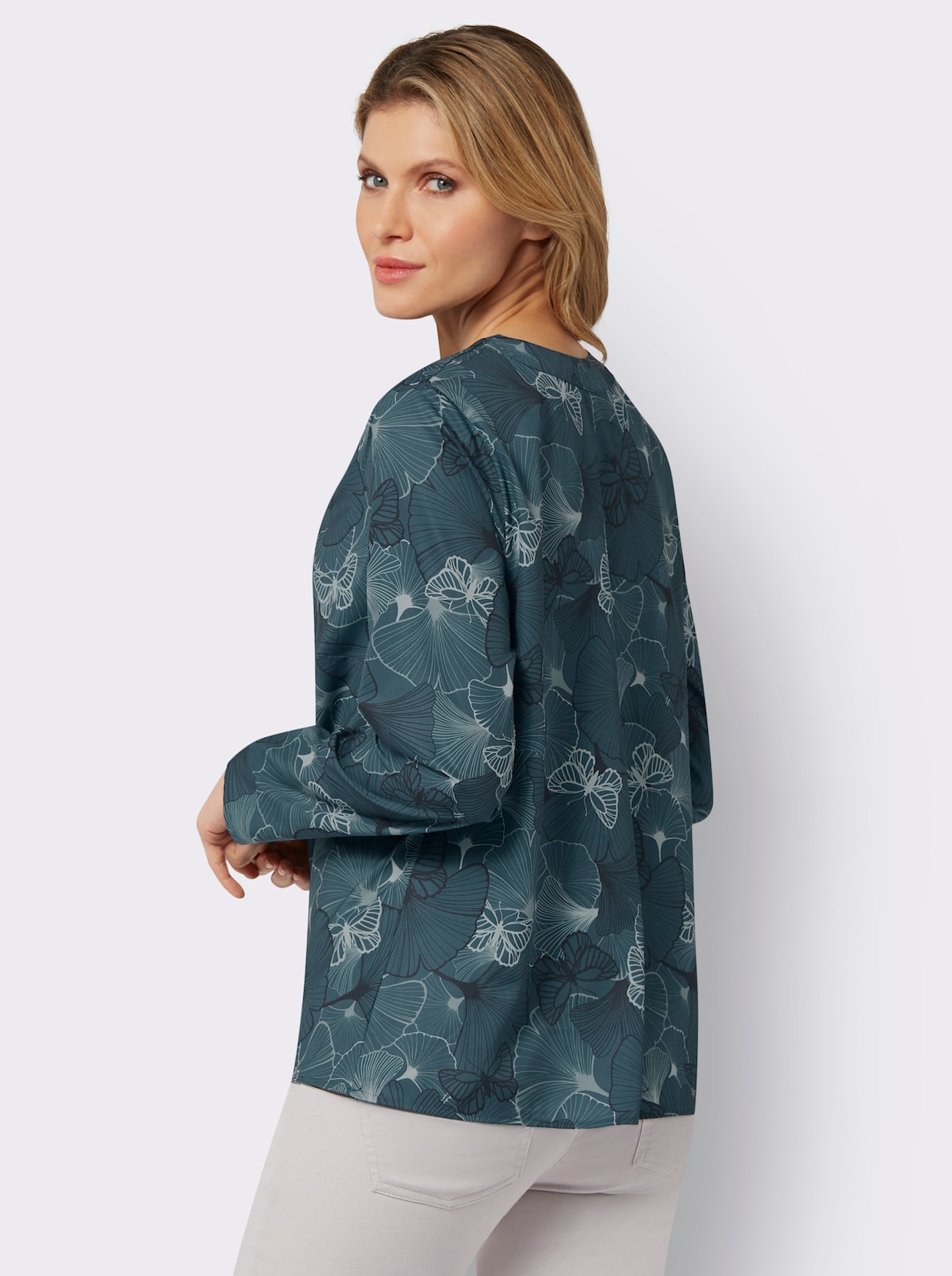 Comfortabele blouse - petrol/zwart geprint