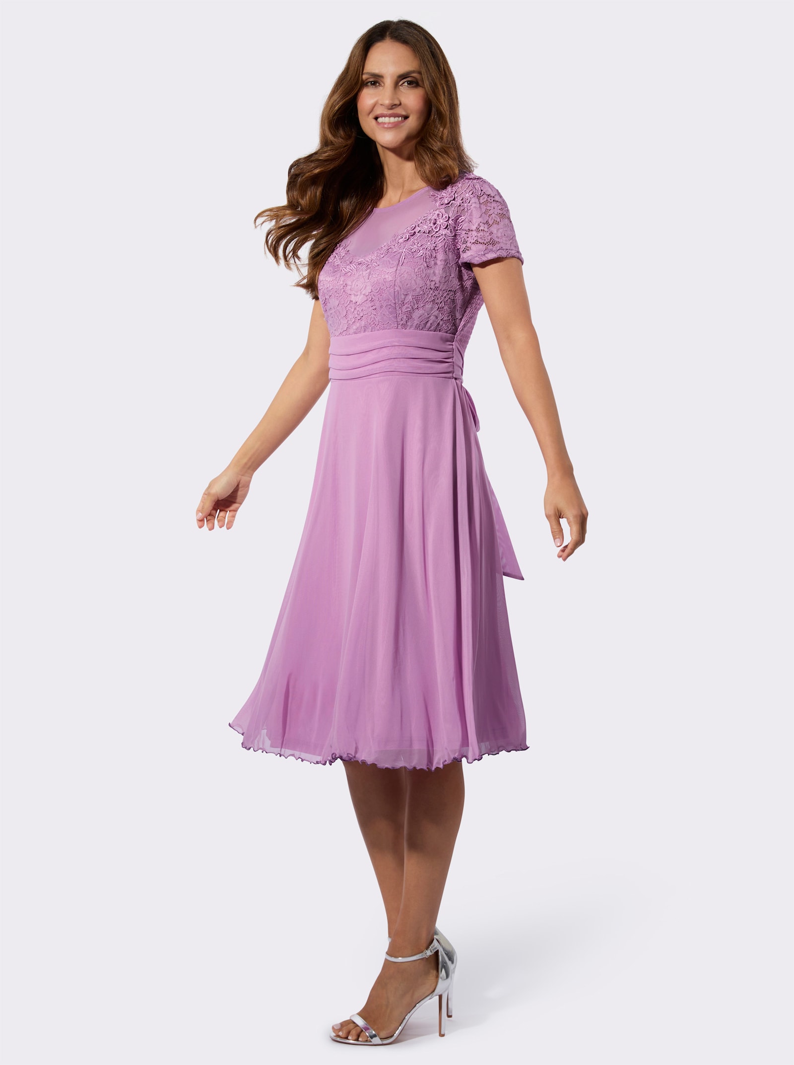 Kanten jurk met delen van mesh - orchidee