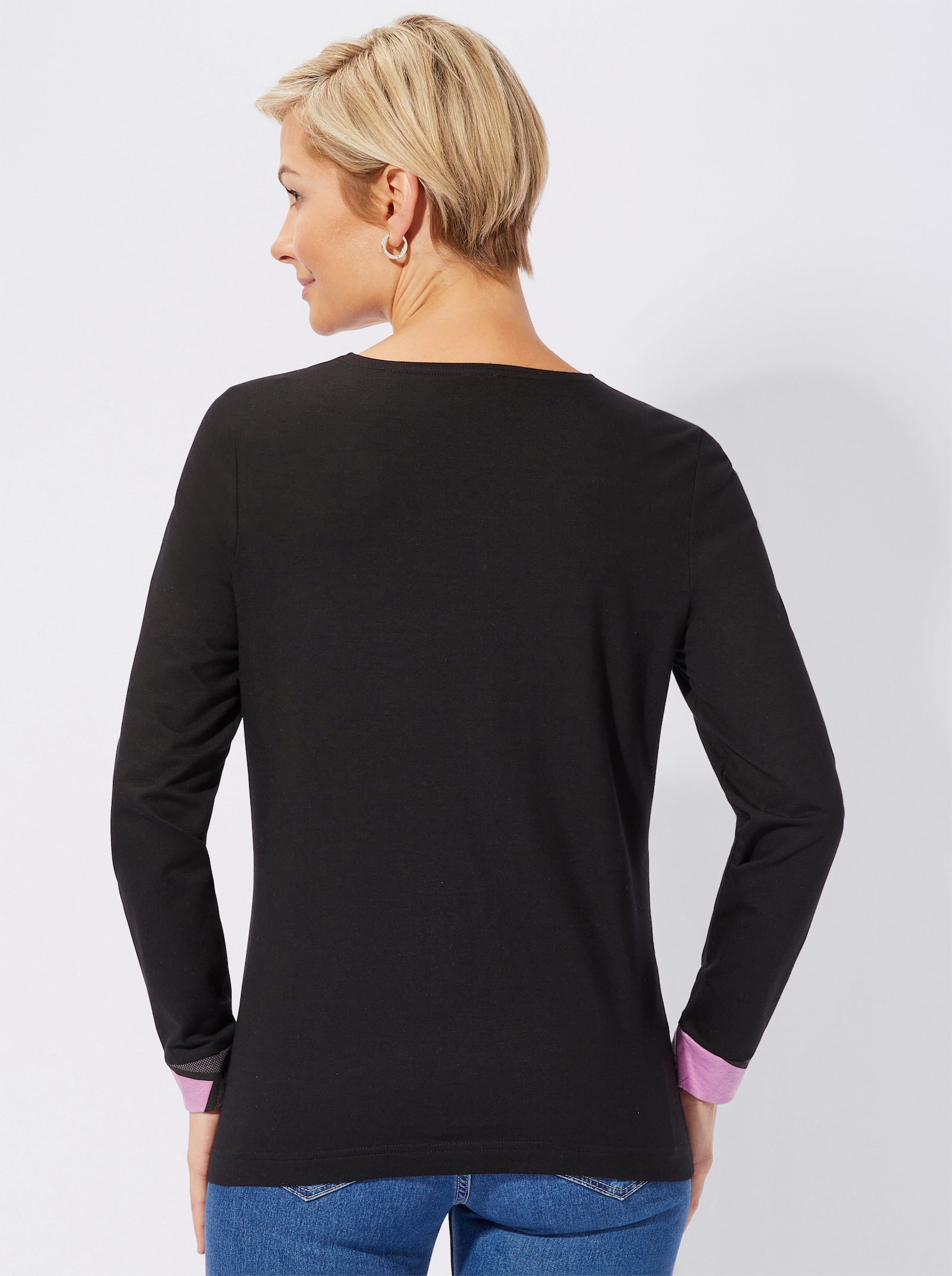 Rundhalsshirt im Patch-Dessin - schwarz-orchidee-gemustert