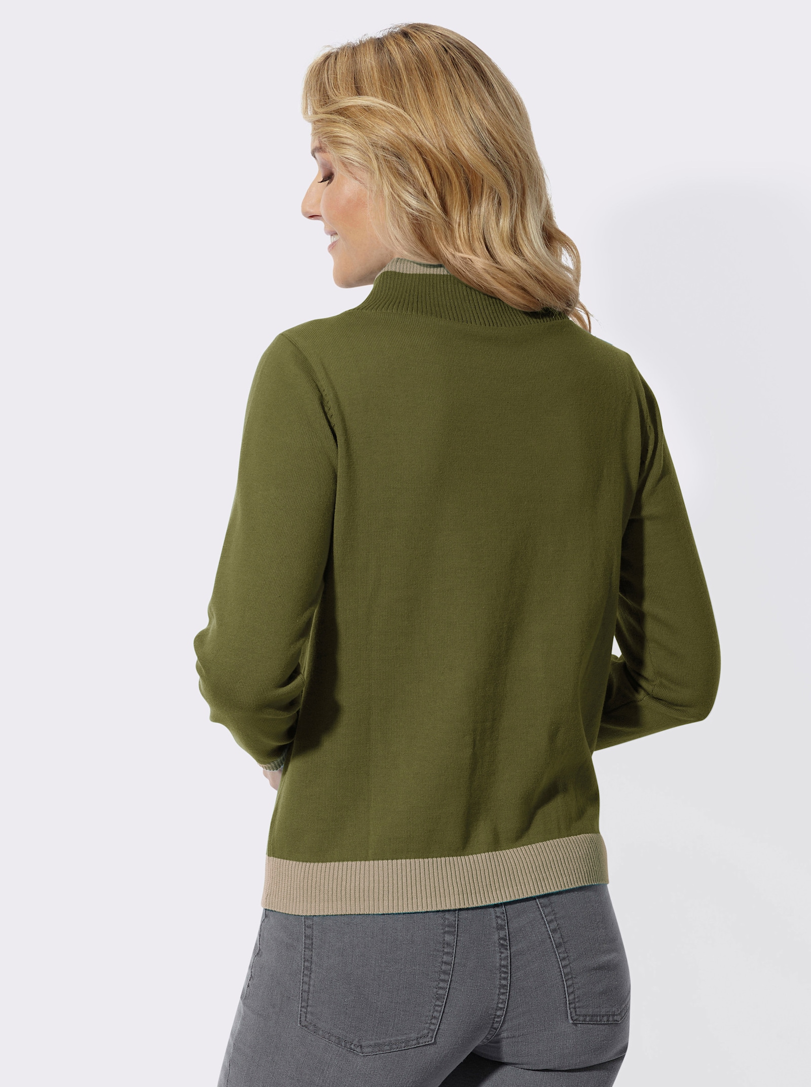 Langarm-Pullover mit kontrastfarbigen Bündchen - oliv-schlamm