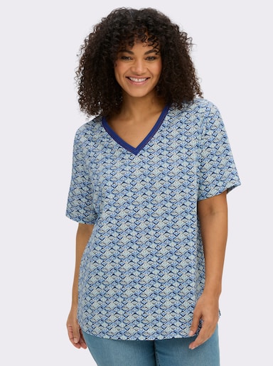 sheego V-Shirt mit Alloverdruck - schwarz-hellblau-bedruckt