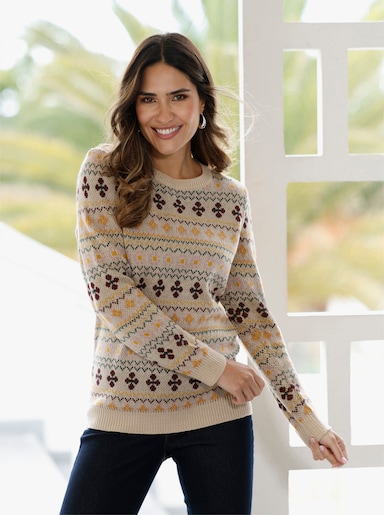 Jacquard-Pullover mit gerippten Abschlüssen - sand-burgund-gemustert
