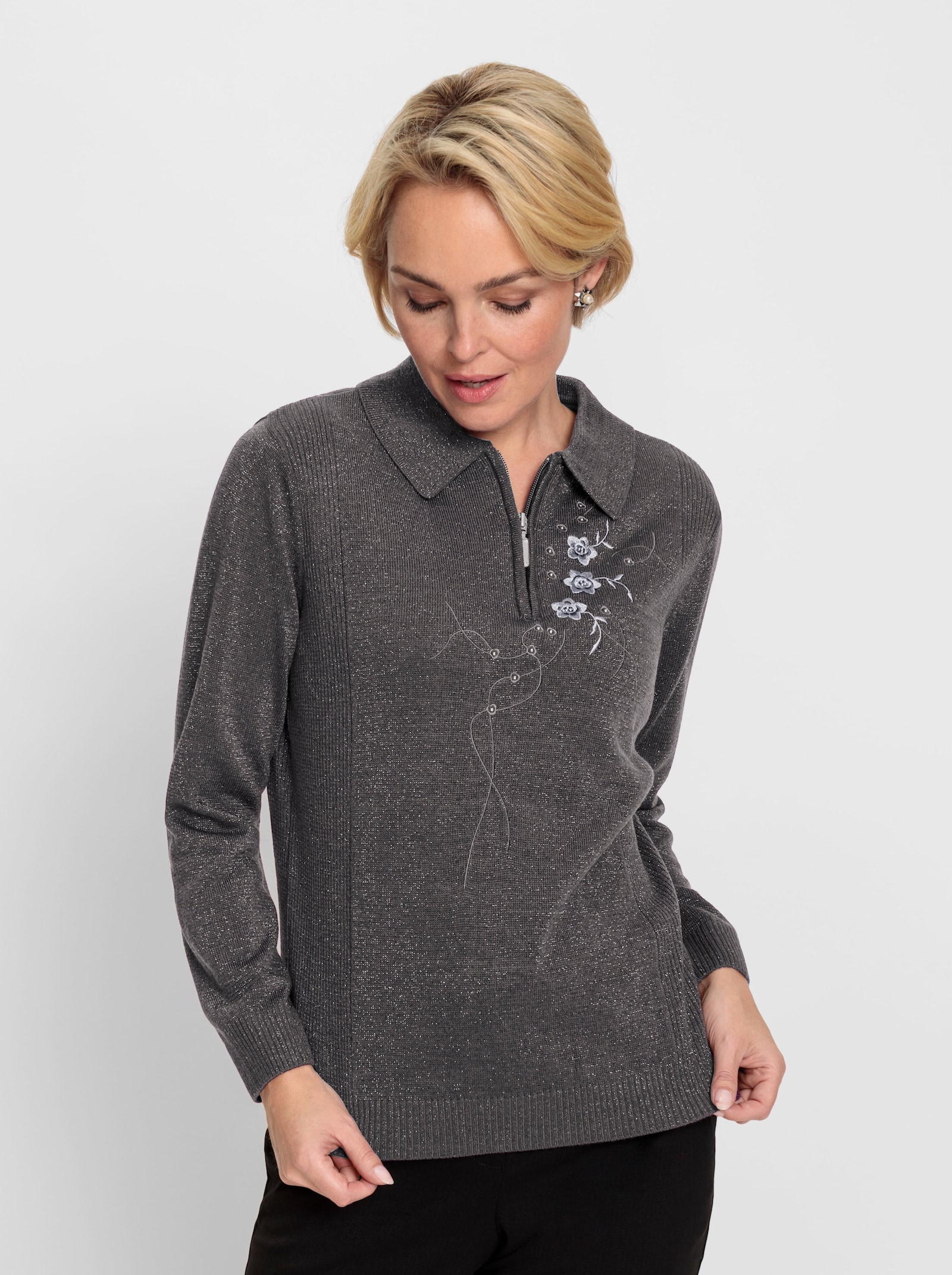 Polopullover mit Blumen-Stickerei - anthrazit-meliert