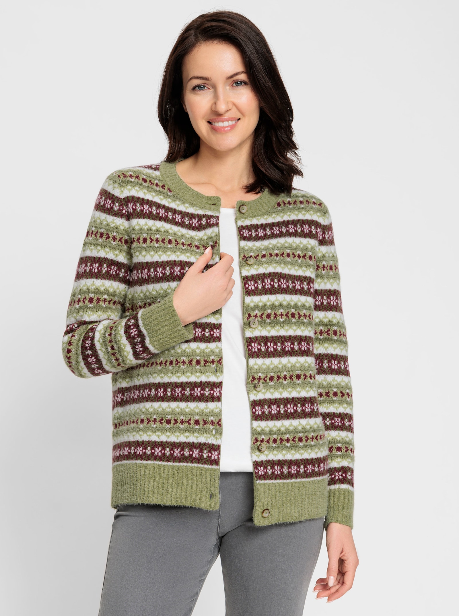 Vest van jacquard met merinowol - rietgroen/bordeaux gedessineerd