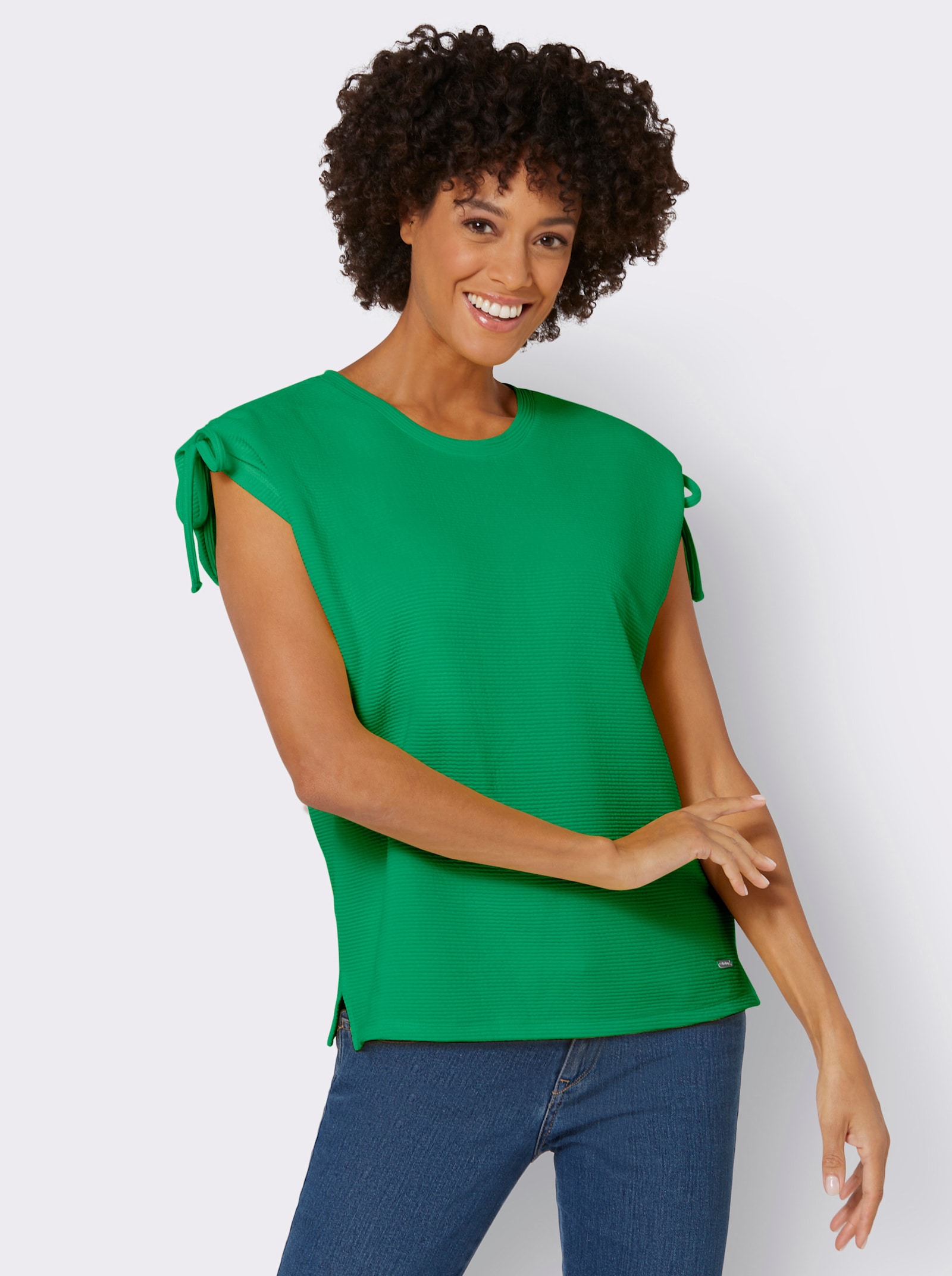 Rundhalsshirt mit raffbaren Schultern - grasgrün