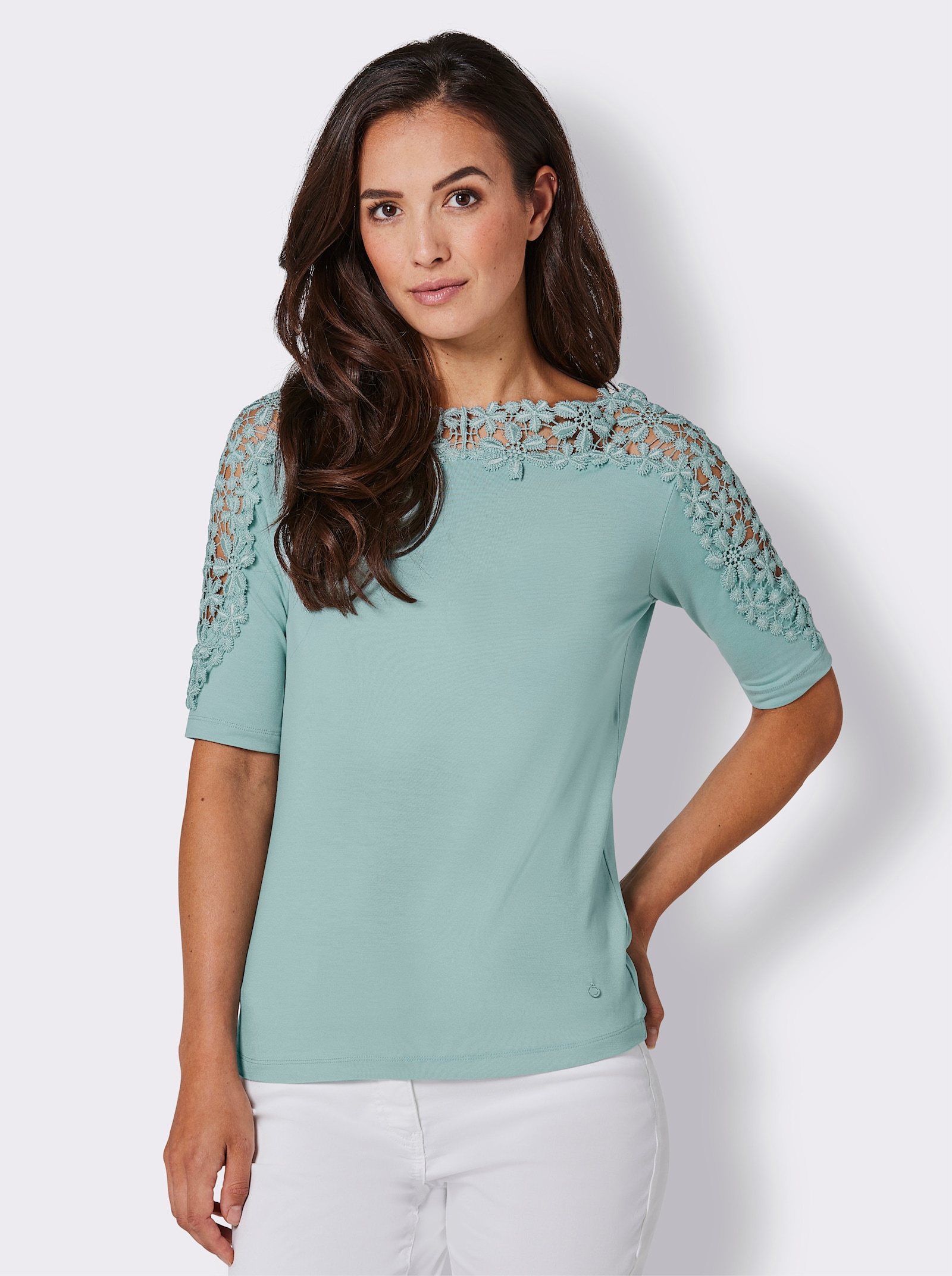 CREATION L PREMIUM Kurzarmshirt mit floraler Spitze - kalkmint