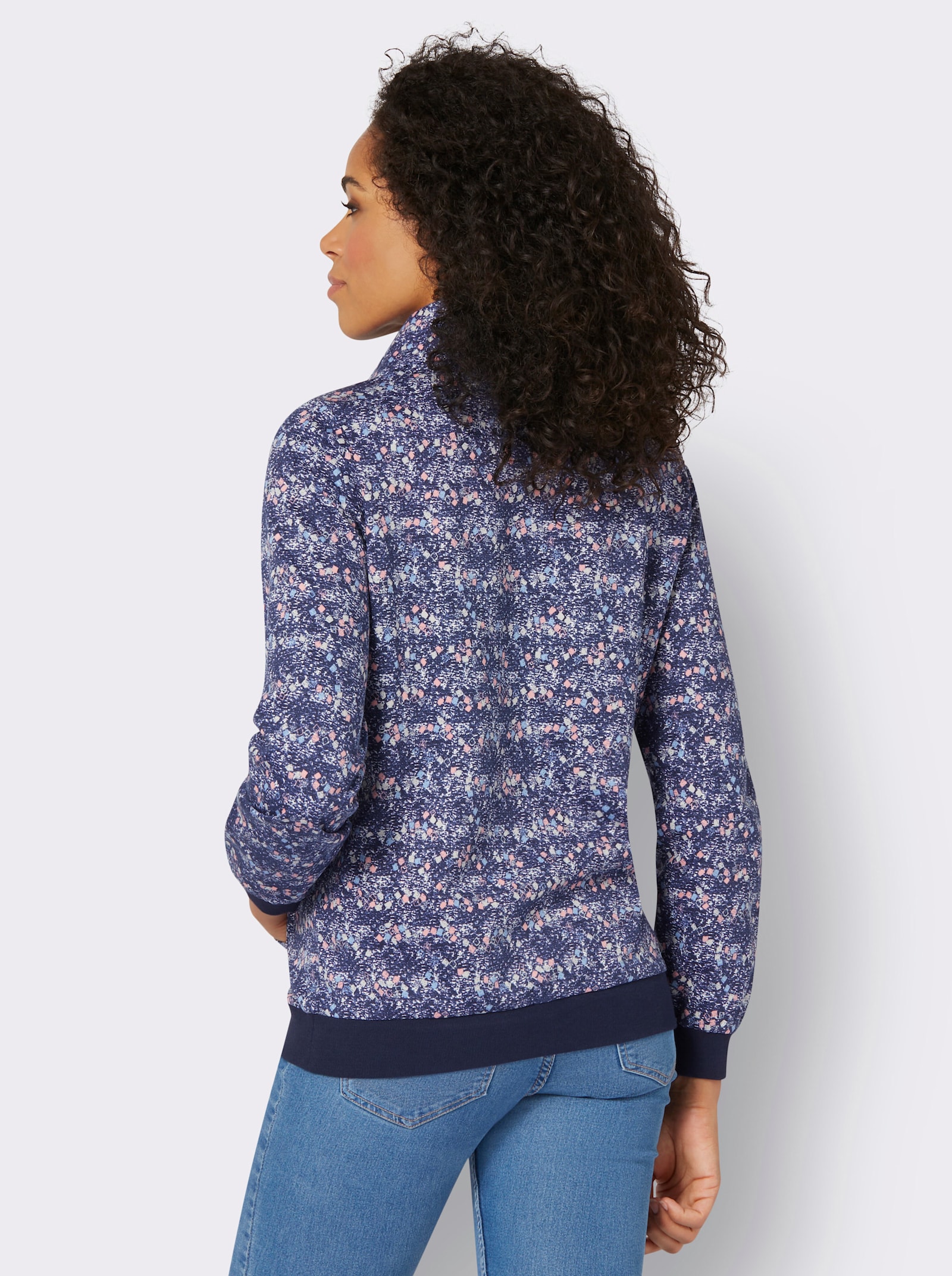 Sweatshirt mit Zierknöpfen - marine-hellgrau-bedruckt