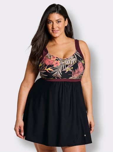 sheego Badekleid mit tropischem Print - schwarz-burgund-bedruckt