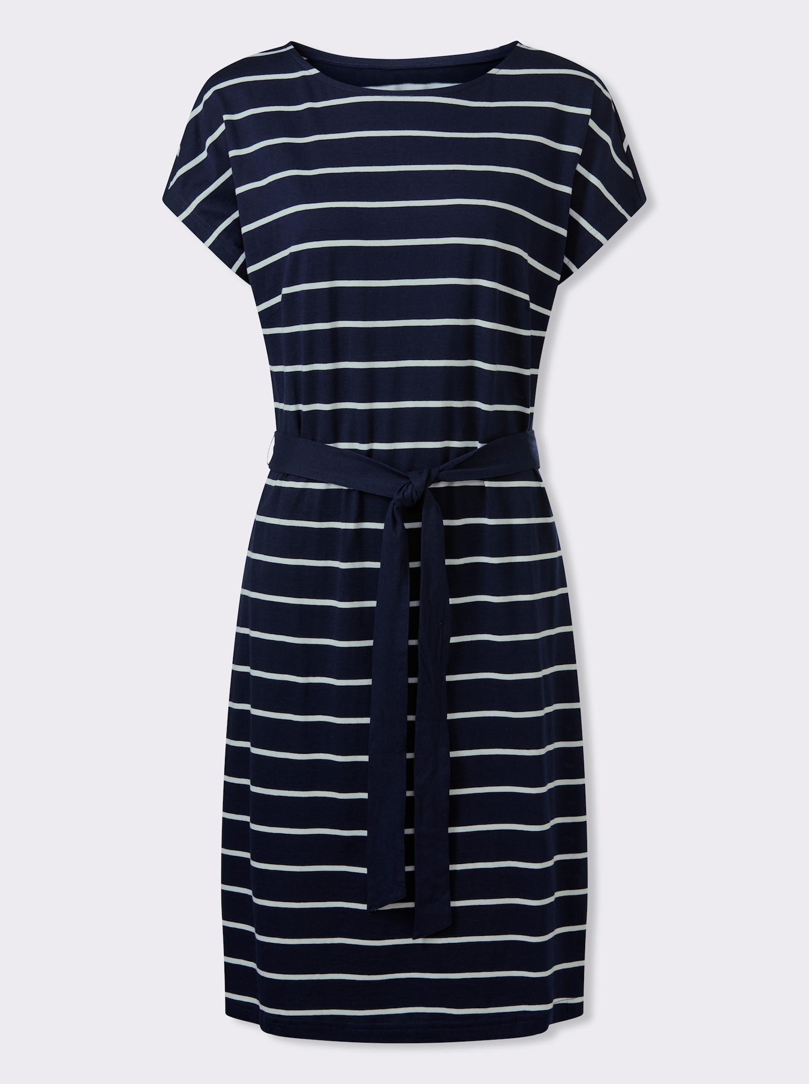 Jerseyjurk met bindceintuur - marine/wit gestreept