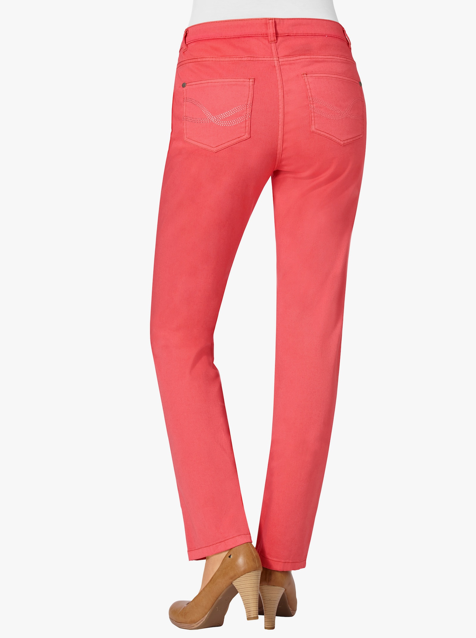 5-pocketjeans met geborduurde achterzakken - koraalrood