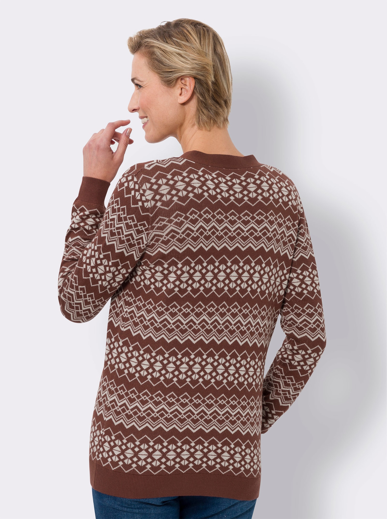 Vest van jacquard in streepjeslook - roodbruin/champagne gedessineerd