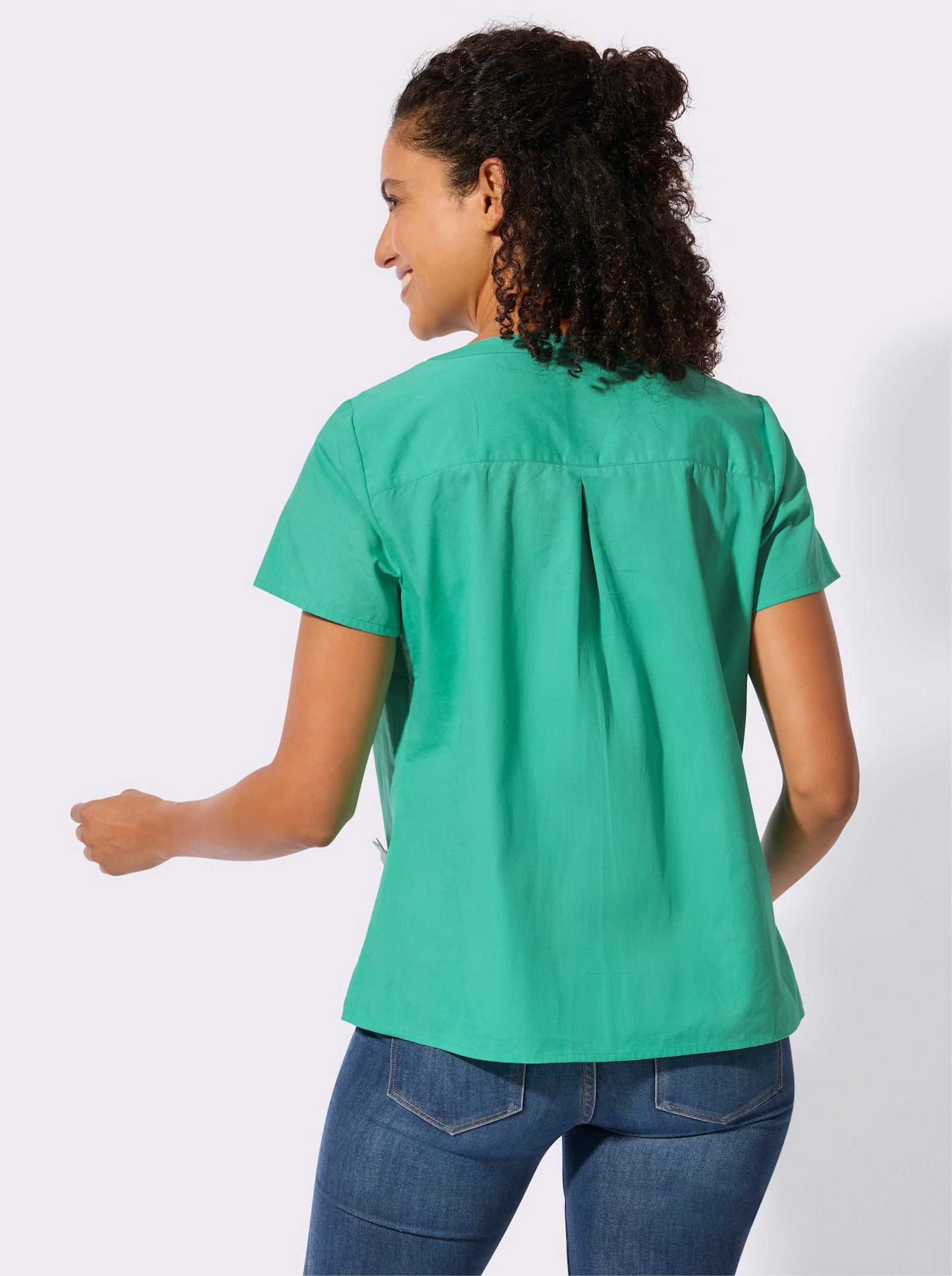 Schlupfbluse mit Blüten-Applikation - blaugrün