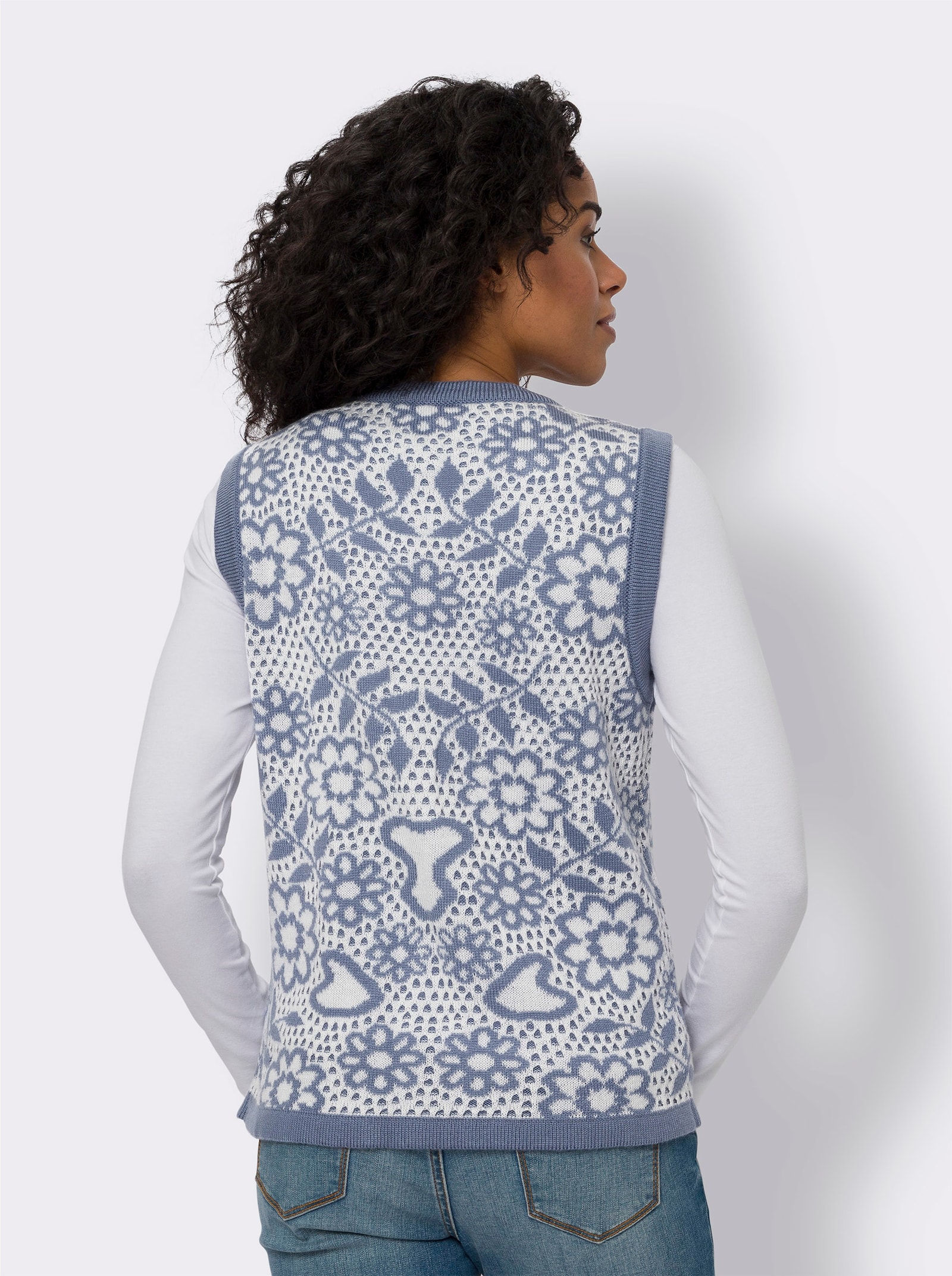Pletená vesta s květinovým vzorem, žakár - ecru-holubí modrá-vzor