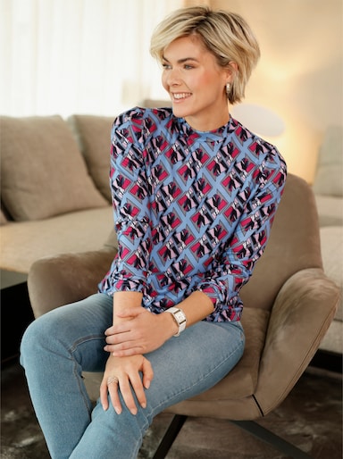 Stehkragenshirt mit grafischem Muster - pink-bleu-bedruckt