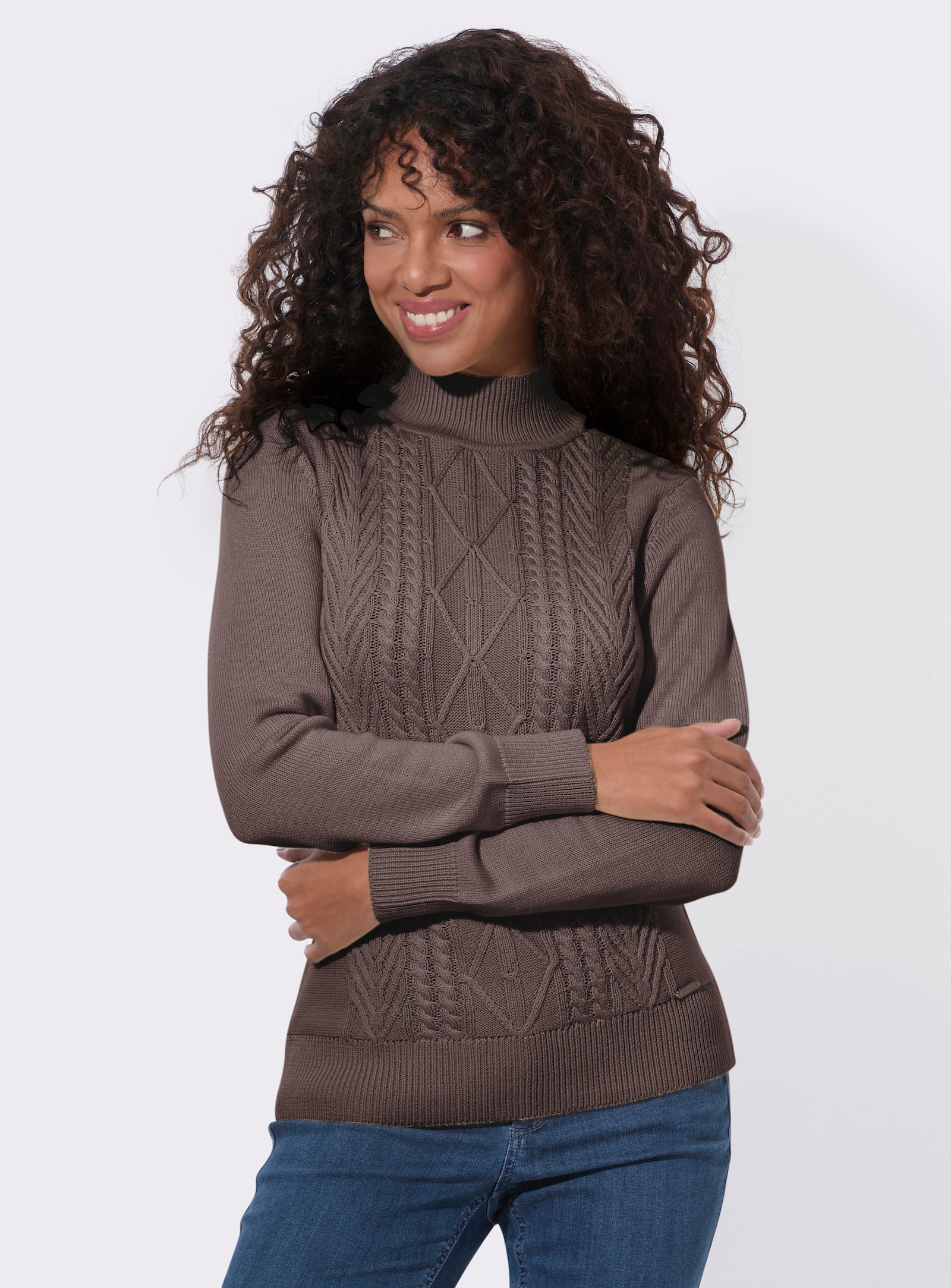 Stehkragenpullover mit Strickmuster - dunkeltaupe
