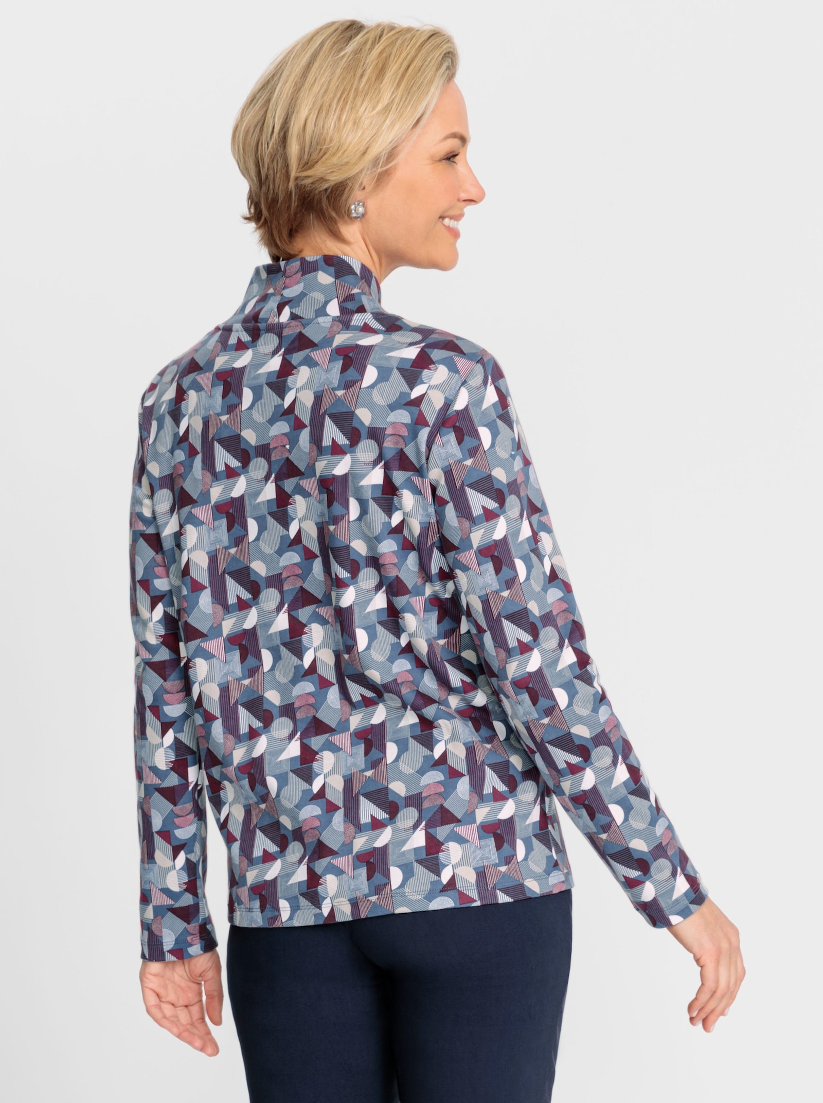 Shirt met lange mouwen en V-hals - rookblauw-bordeaux-bedrukt