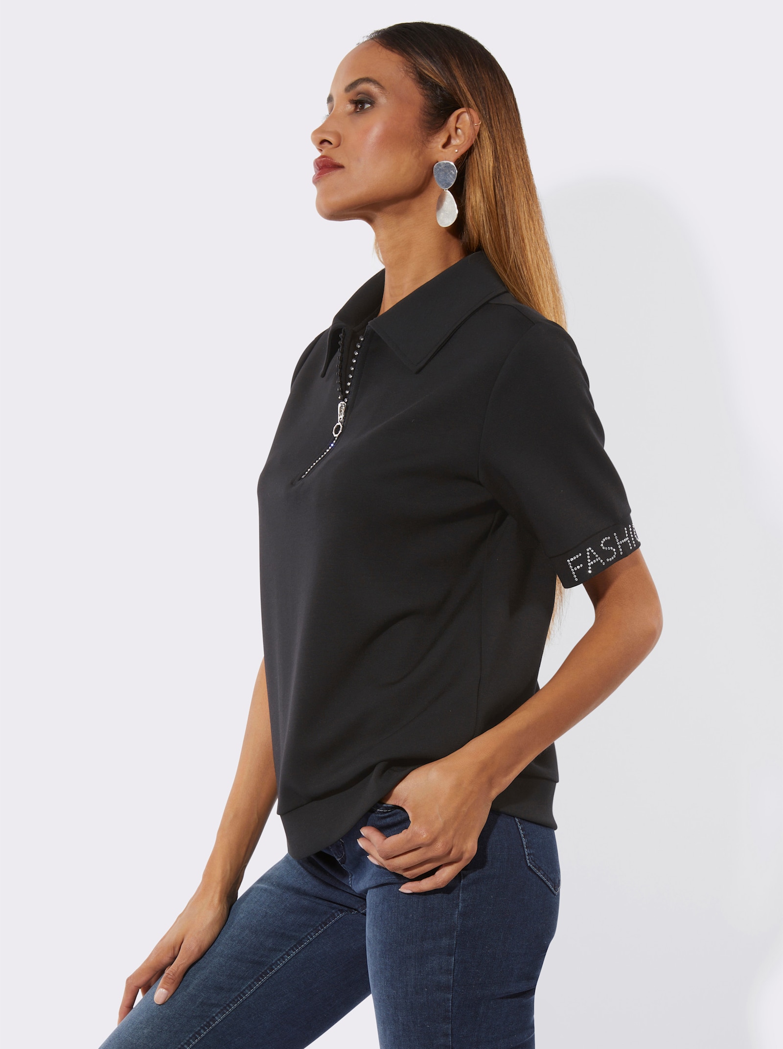Poloshirt mit Glitzersteinchen - schwarz