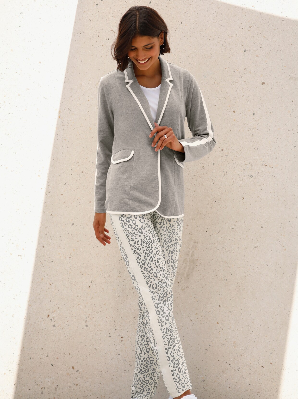 Jersey pantalon - ecru/steengrijs gedessineerd