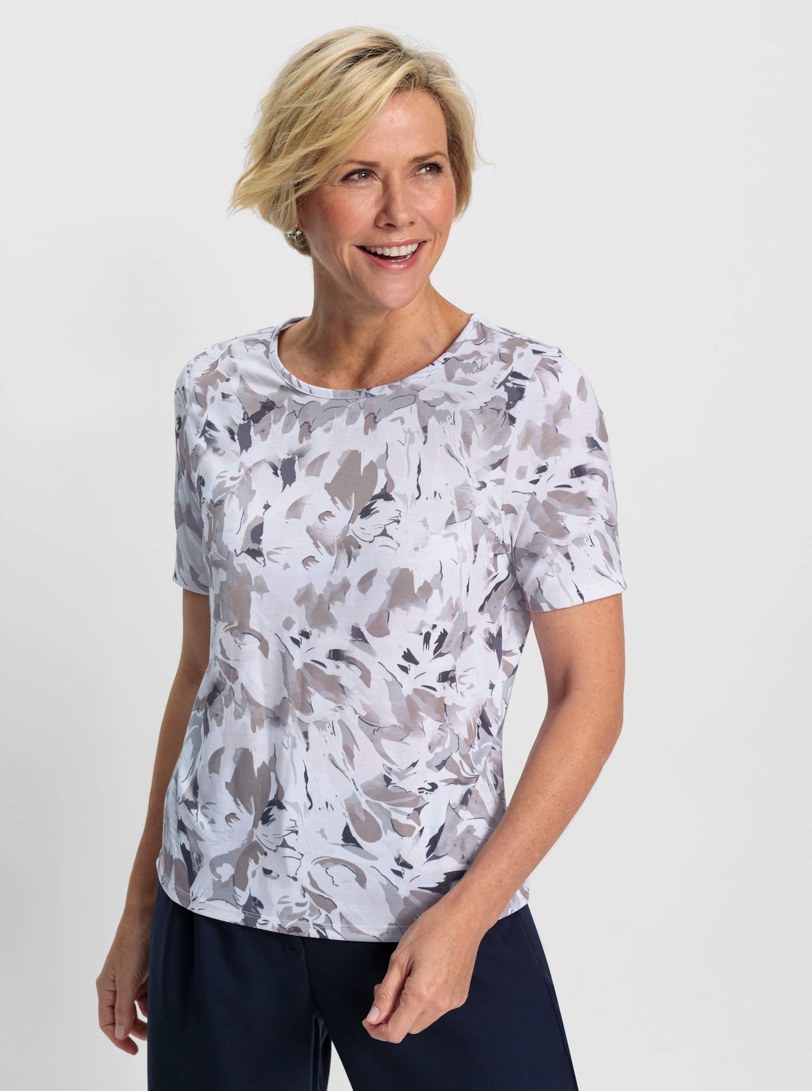 Rundhalsshirt mit Druck-Dessin - taupe-weiß-bedruckt