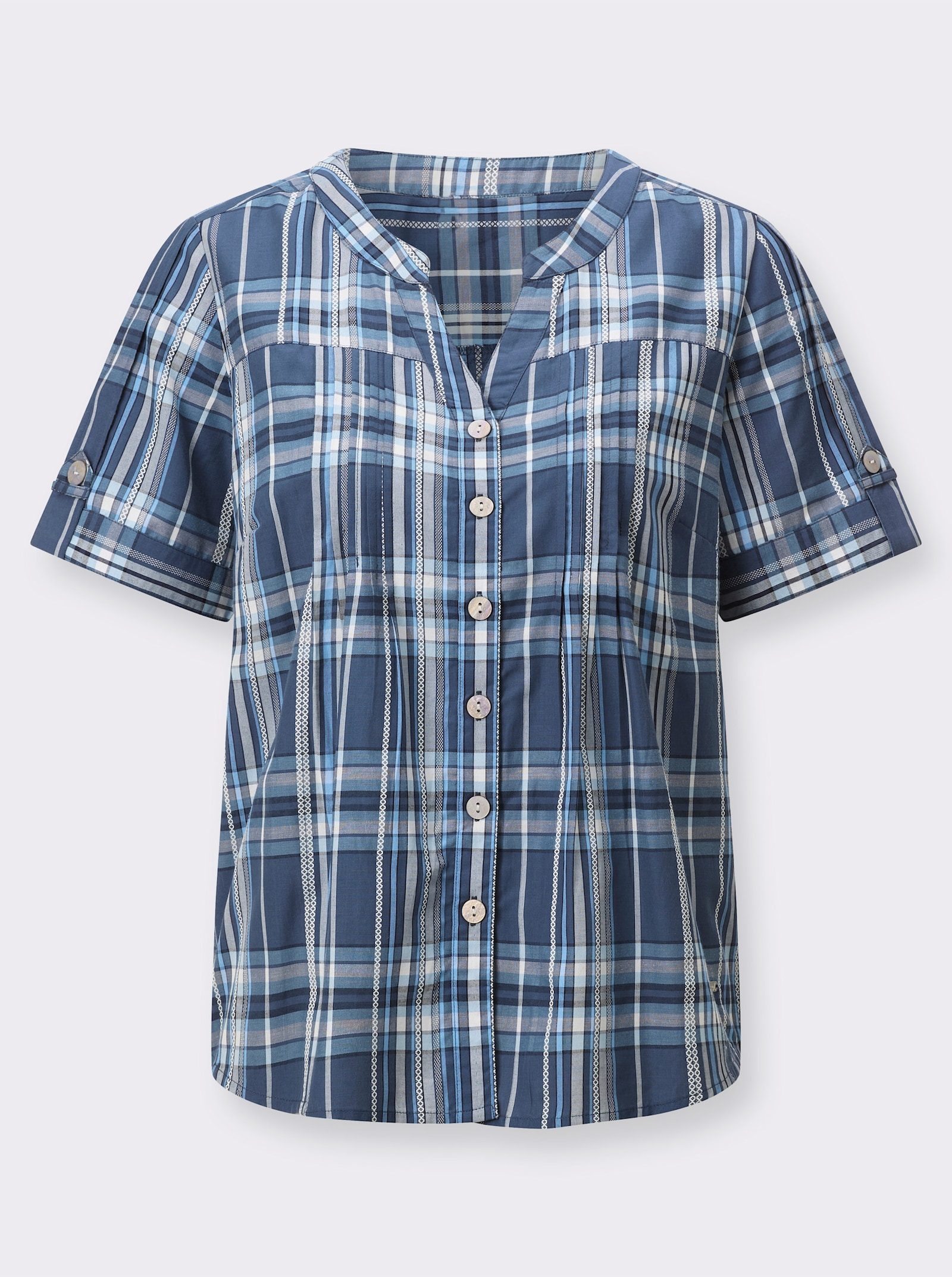 Karobluse im pflegeleichten Material-Mix - jeansblau-marine-kariert