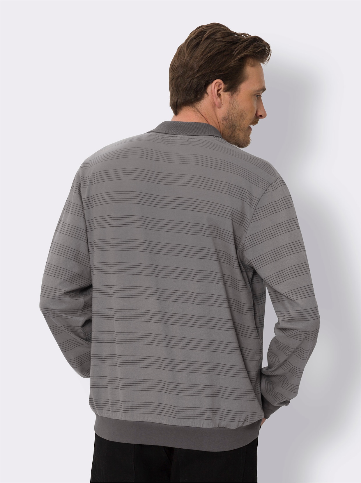 Langarm-Poloshirt - grau-graphit-geringelt