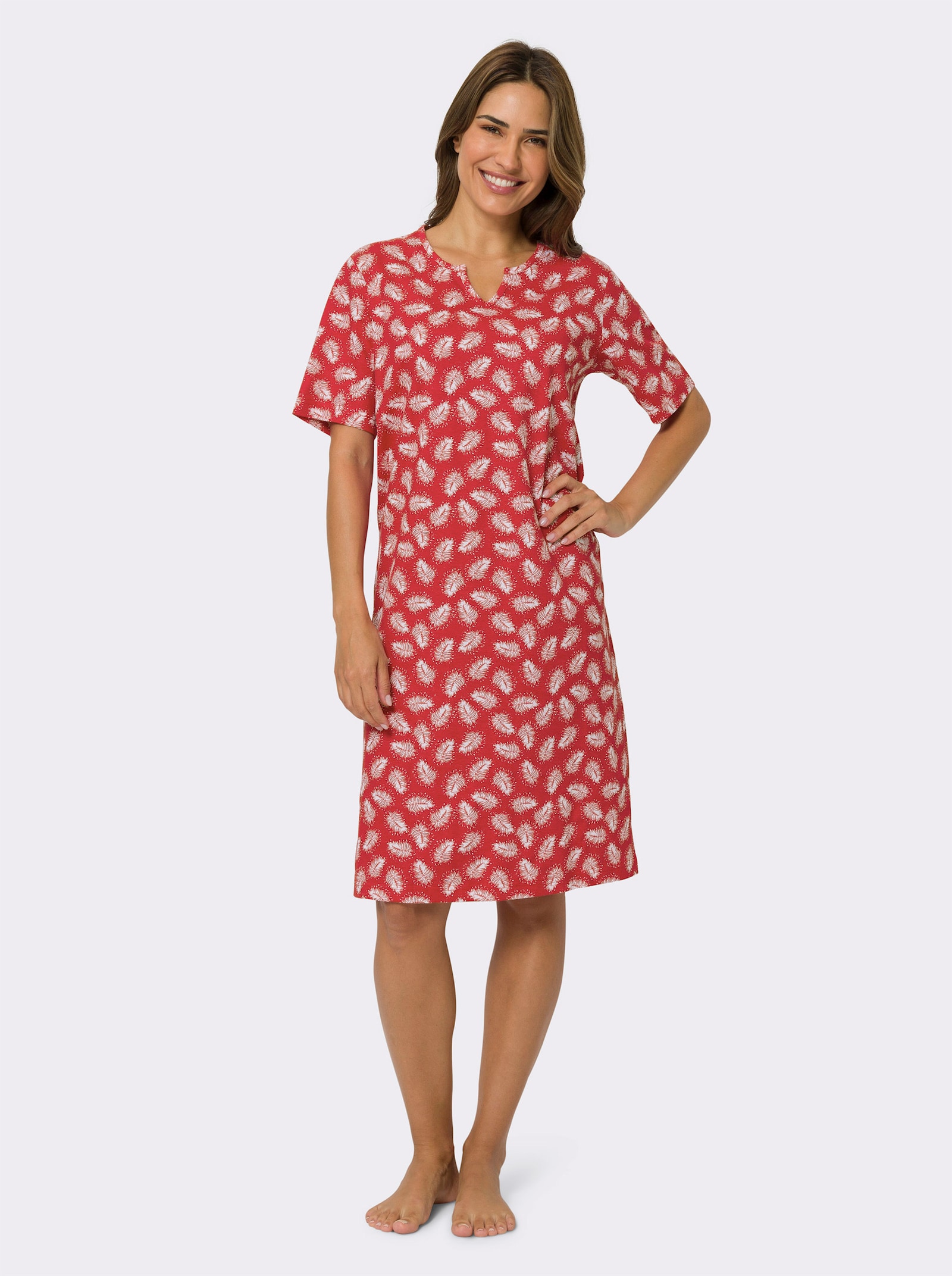 Nachthemd met verenprint - rood/wit geprint