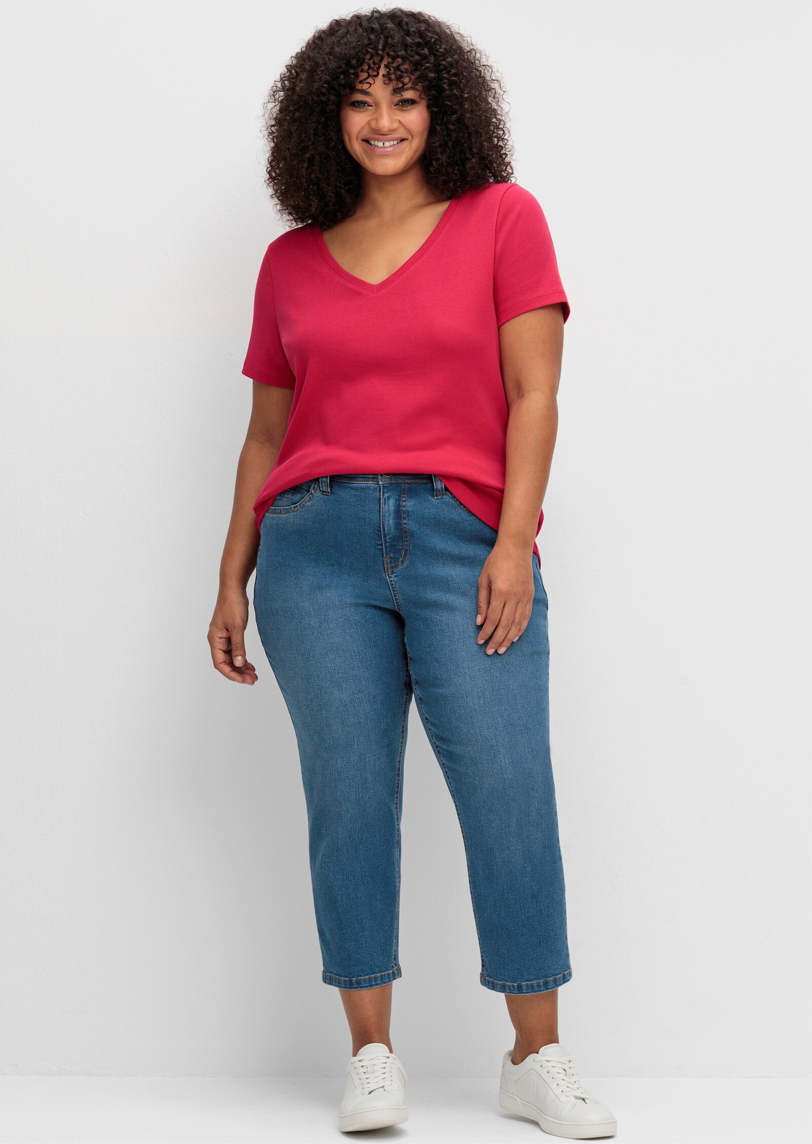 sheego T-shirt à encolure en V, qualité côtelée - fuchsia sorbet